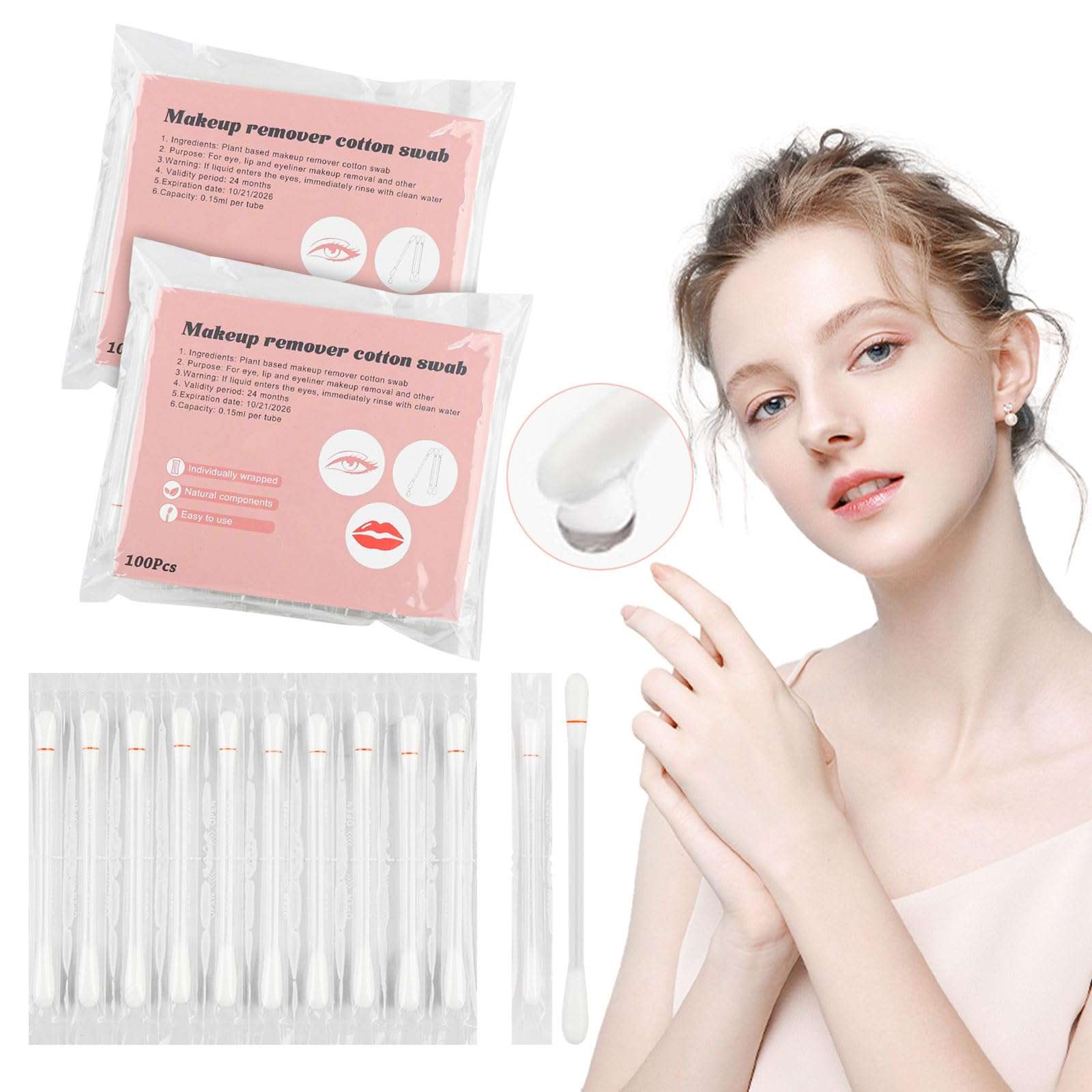 Cotton Swabs,Cotton Makeup Remover Swabs,Eye & Lip Sticks Remover,Liquid-Filled Makeup Remover Swabs Disposable Cotton Swabs for Eye/Lip/Eyebrow/Eyelash Makeup (Pack of 300) 1