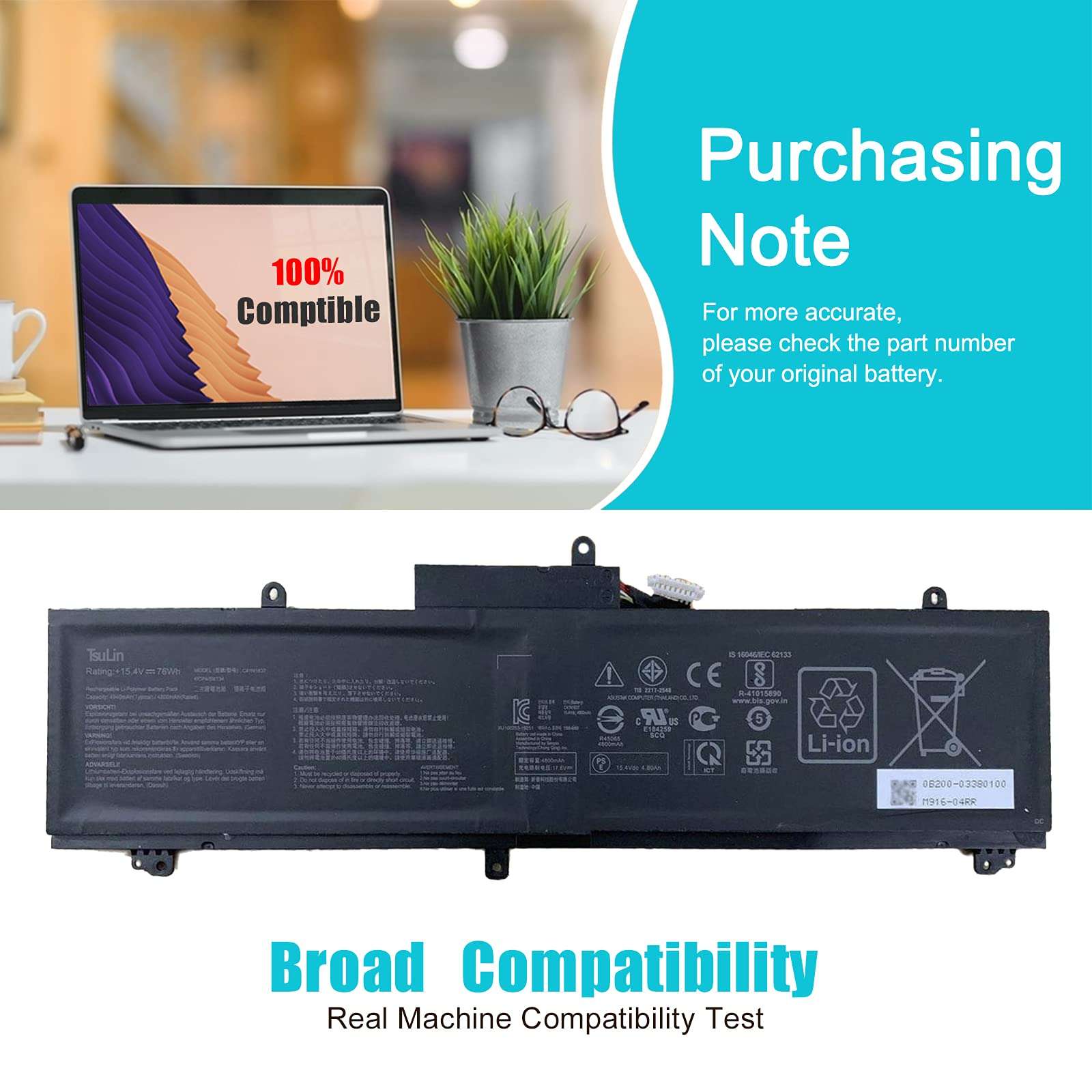 TsuLin C41N1837 Laptop Battery Compatible with ASUS ROG Zephyrus GA502DU GA502GU GU502GU GU502DU GU502GV GU532GU GX502GW GX532GV GU532GV GX502GV GX532GW Series 0B200-03380100 15.4V 76Wh 4940mAh 4