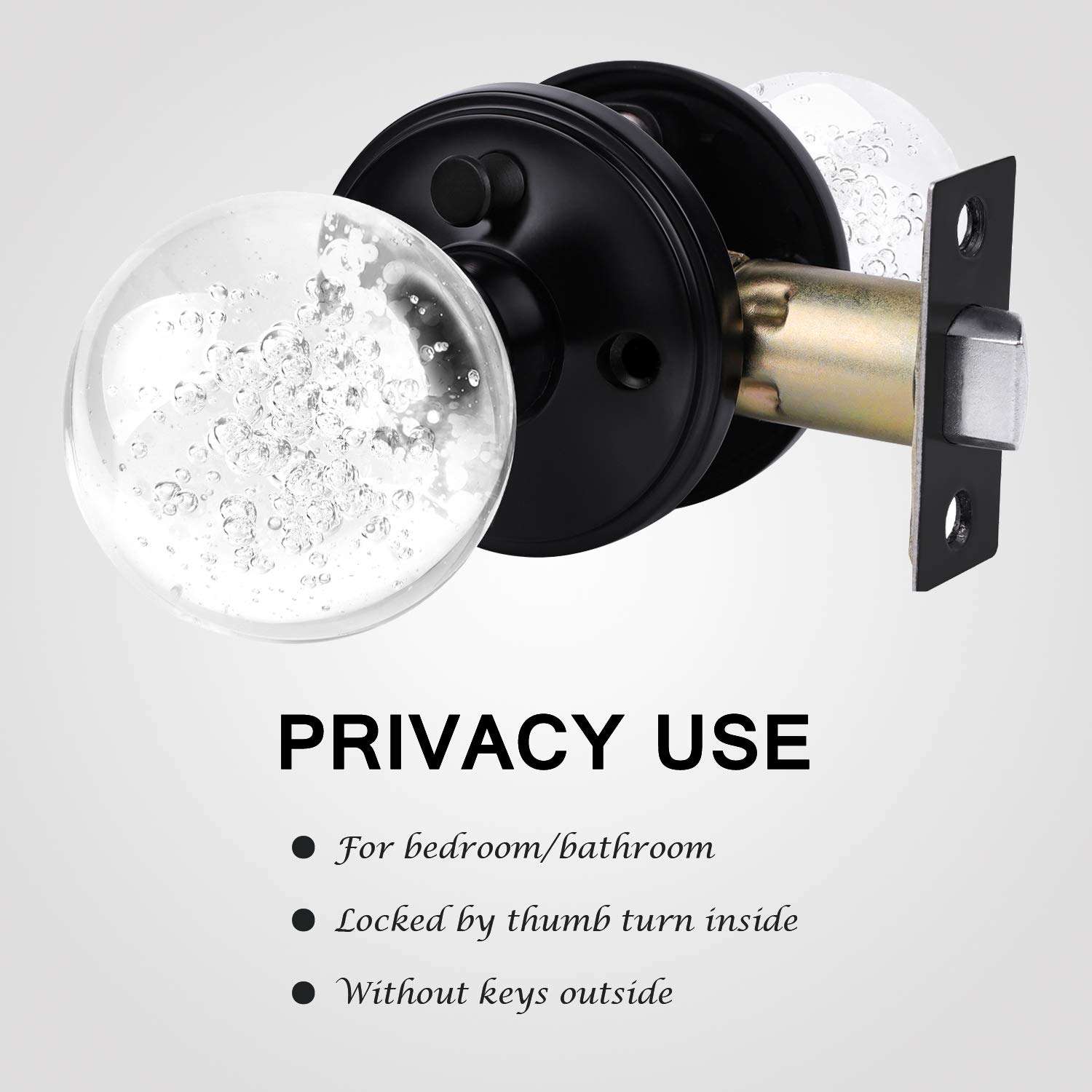 KNOBWELL 3 Pack Crystal Door Knobs with Lock Matte Black Door Knobs Keyless Round Interior Door Knobs Privacy Glass Door Knobs 3