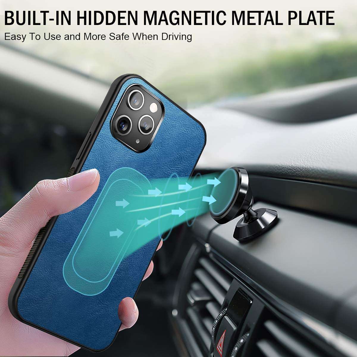 Neeliup Compatible with iPhone 12/12 Pro Magnetic Case, [Invisible Metal Plate Support Magnetic Car Mount][Premium PU Leather] Soft Silicone Bumper Ultra Slim Shockproof 6.1" Cover-Sky Blue 2
