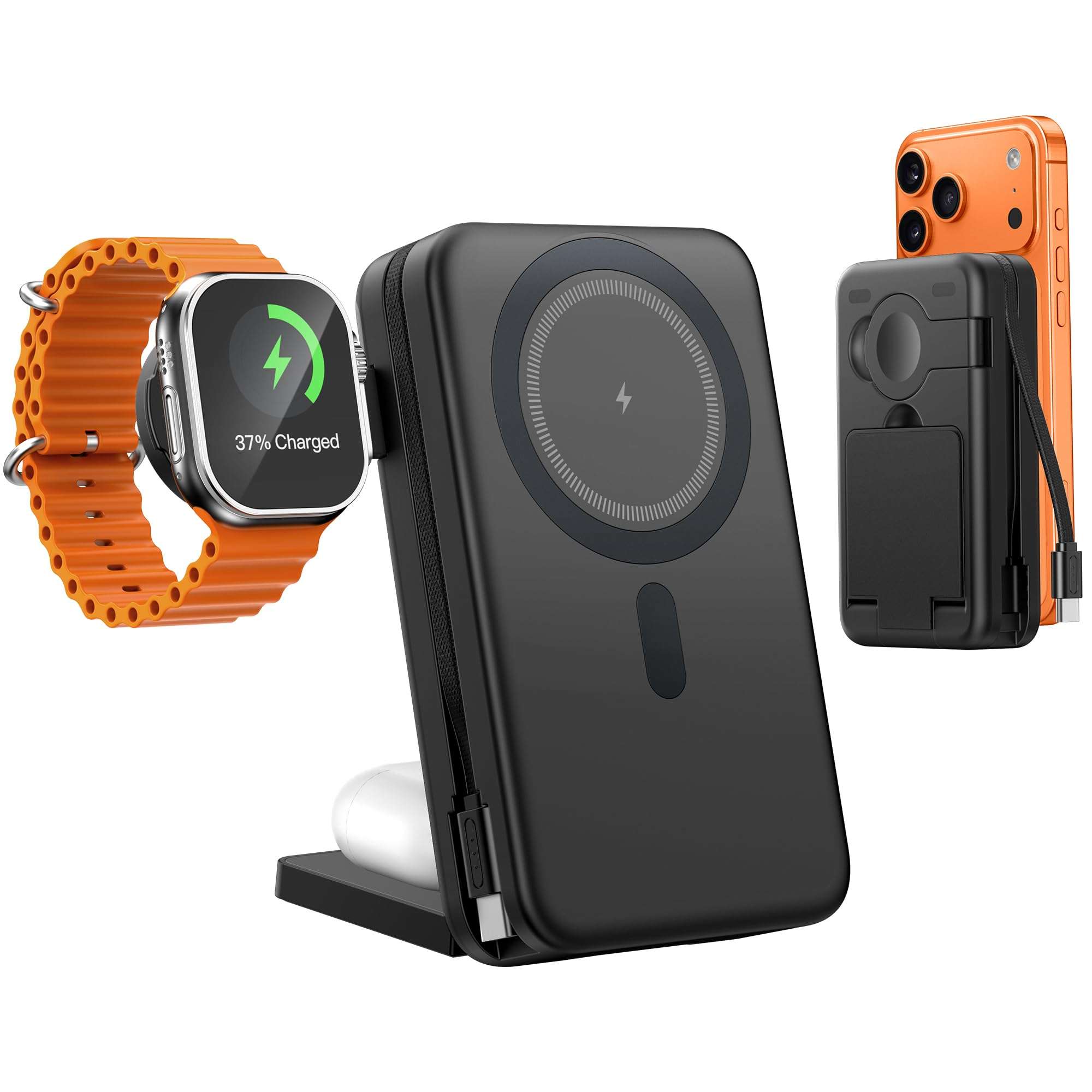 FELIZUPER 5-in-1 Portable Charger,10000mAh Foldable Power Bank Fast Charging Station Built-in USBC cable Travel,for MagSafe Battery Pack Magnetic for iPhone 17/16/15/14/13/12,Apple Watch,Airpods,Black 1