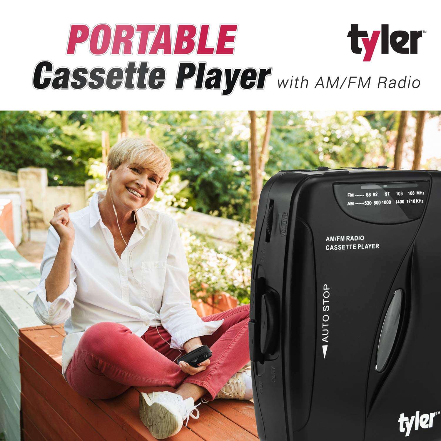 Tyler TCP-02 Portable Stereo Cassette Player - Slim 7 x 5 x 2-Inch Listening Device with Tape Deck and Dual Band AM/FM Radio - Retro-Style Battery-Operated Music Tool with Sport Earbuds and Belt Clip 4