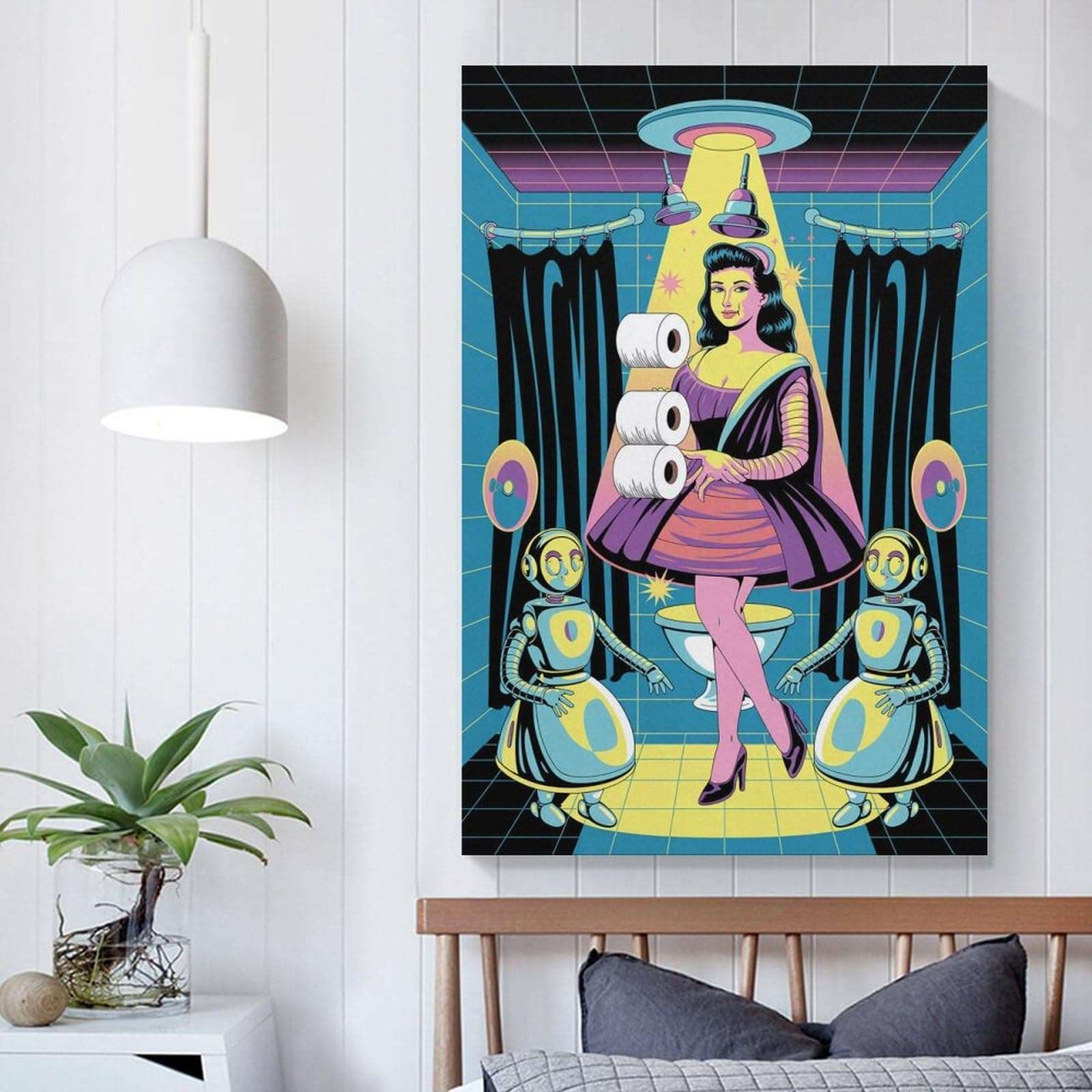 Whimsical Bathroom Decor UFO Scrubber Beehive Hair & Atomic Age Blacklight Curtains Canvas Poster Unframe-style 16x24inch(40x60cm) 6