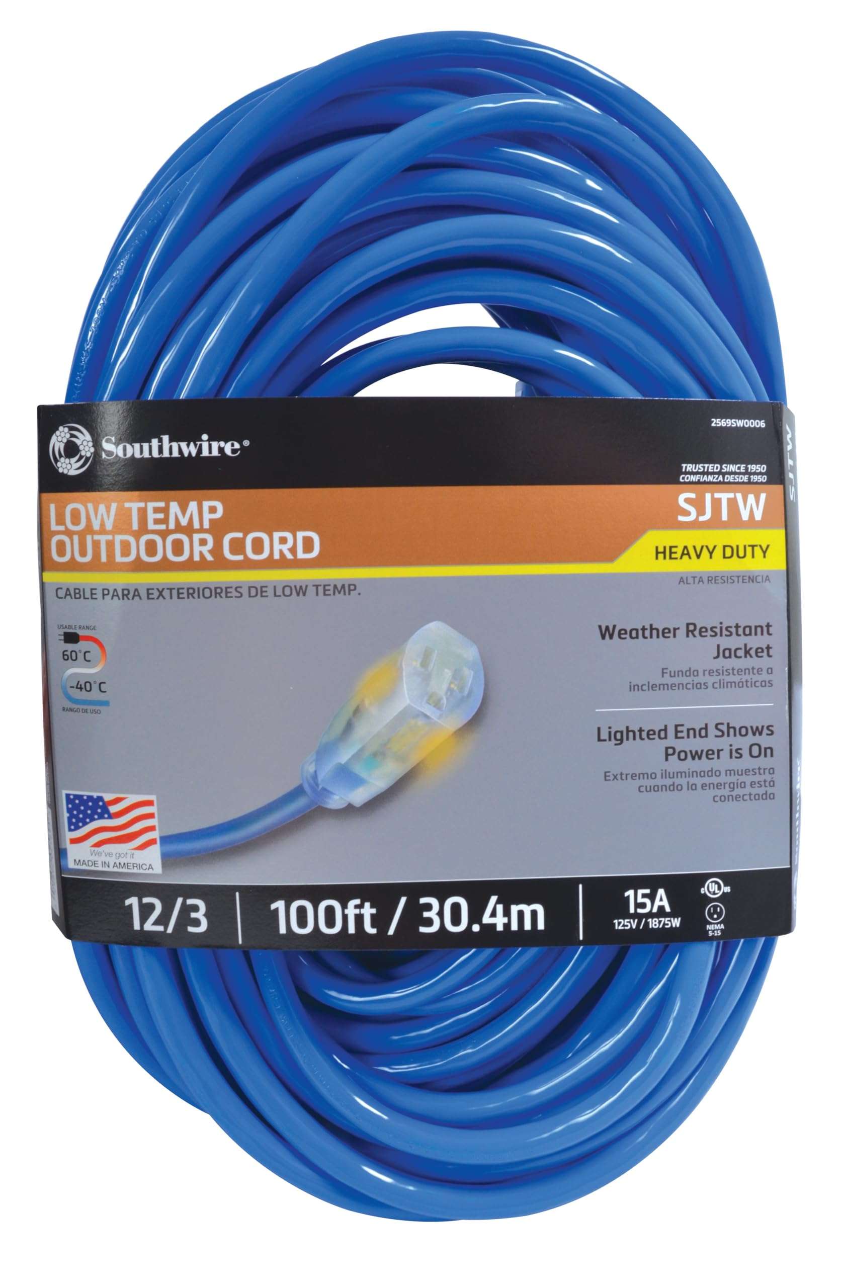 Southwire Coldflex 12/3 Heavy-Duty Extension Cord, 100Ft, Cold Weather Cord, SJTW, Blue, 2569 1