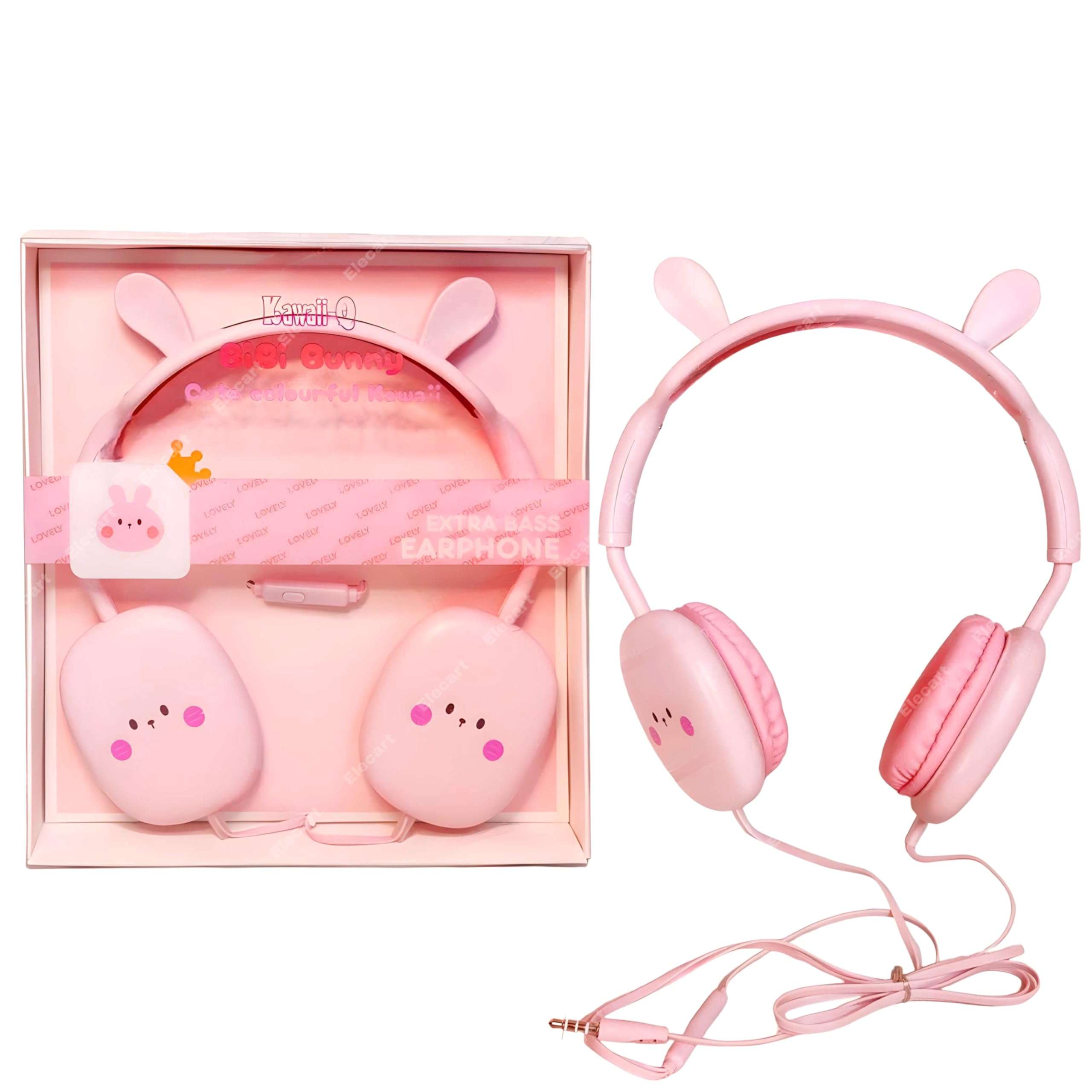 Elecart Earphone for Kids, 3.5mm Jack On Ear Wired Cute Rabbit Headphone, Stereo with Mic Earphone, Stylish Headphones for Girls/Boys, Birthday Gift for Girls (Pink Bunny) 1