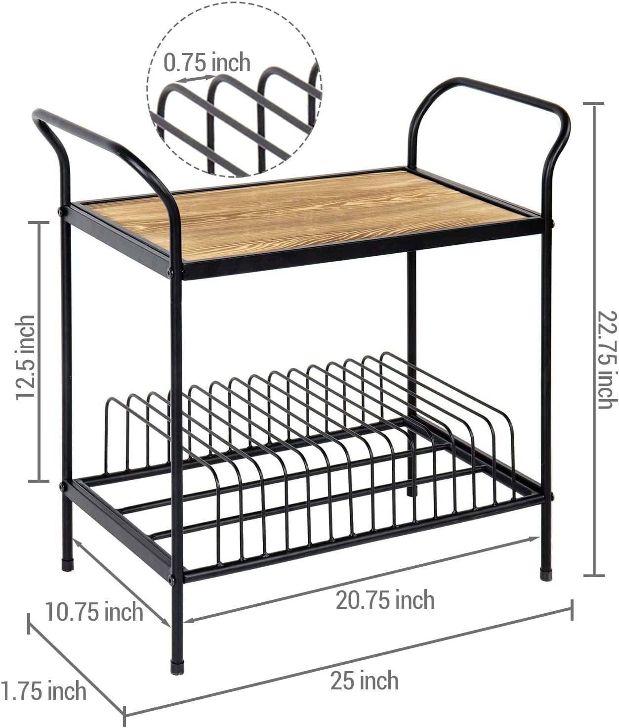 INDIAN DECOR 25007 Classic 2 Tier Black Metal Record Player Turntable Stand with Vinyl Storage, Vintage Brown Wood Top Display Shelf and 14 Slots for Record Album Sleeve Holder 6