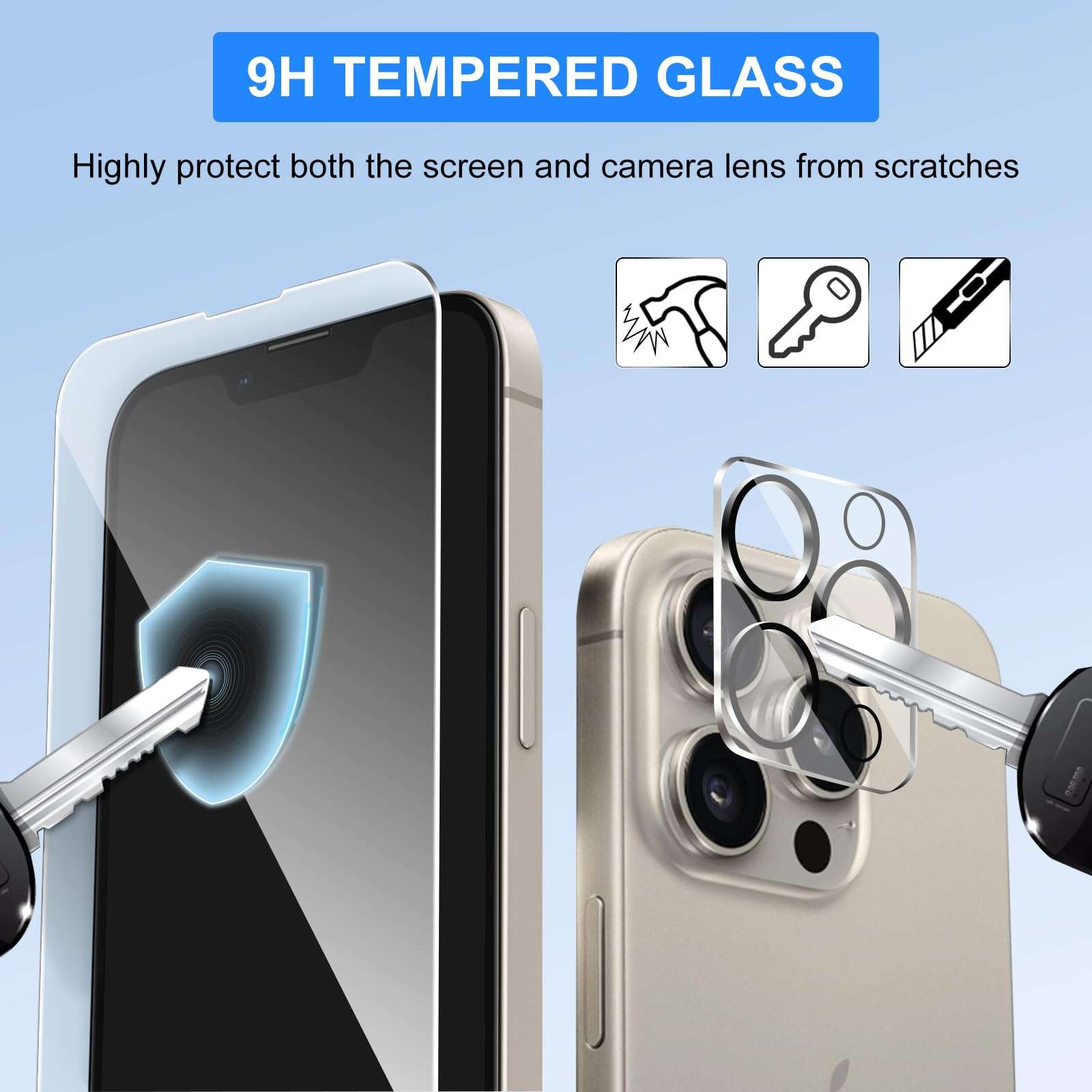 GLIMALL 3 Pack Screen Protector for iPhone 15 pro with 3 Pack Camera Lens Covers, HD Tempered Glass, 9H Hardness, Full Coverage, Scratch-Resistant, Waterproof, Bubble-Free 3