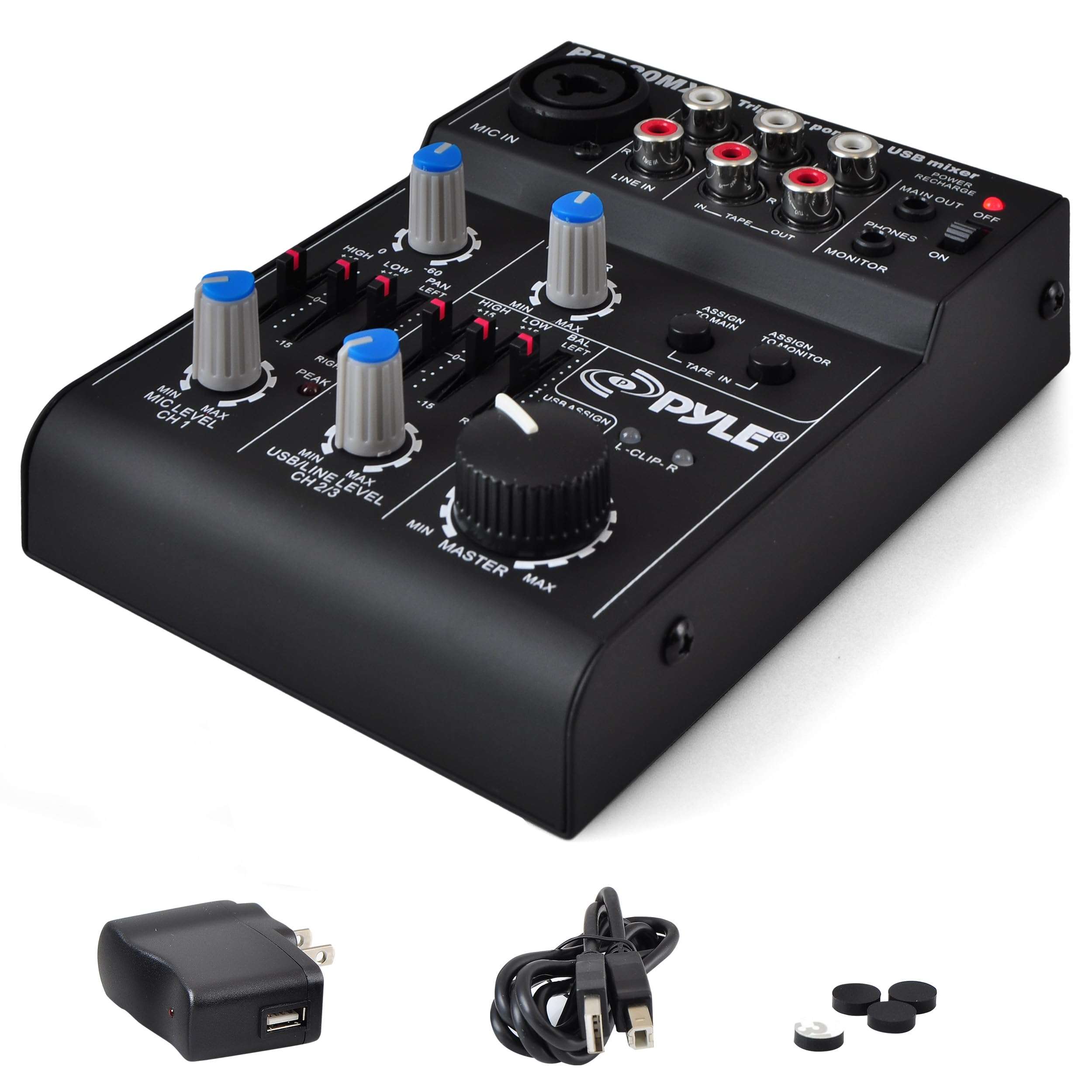 Pyle 5-Channel Rechargeable Mini Portable Audio Mixer – Compact Music Mixer DJ Controller with USB Interface, Slider EQ Controls, XLR Combo Mic Input, Rechargeable Battery, USB/Line/Master Controls 1