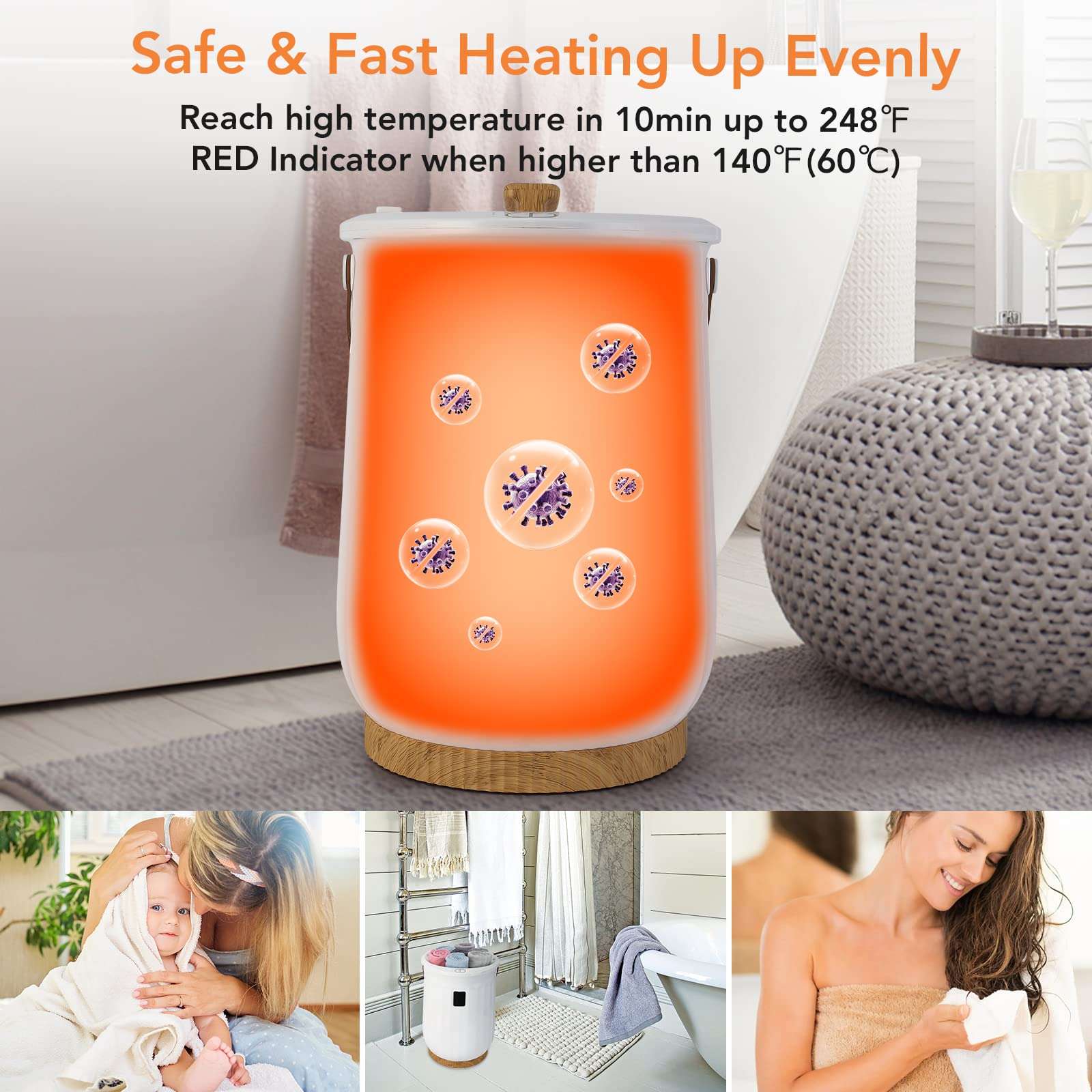 CuisinAid Large Towel Warmer Bucket, Luxury Towel Heater for Bathroom with LED Display, Adjustable Timer, Fits Up to Two 40"X70" Oversized Bath Sheet Towels 4