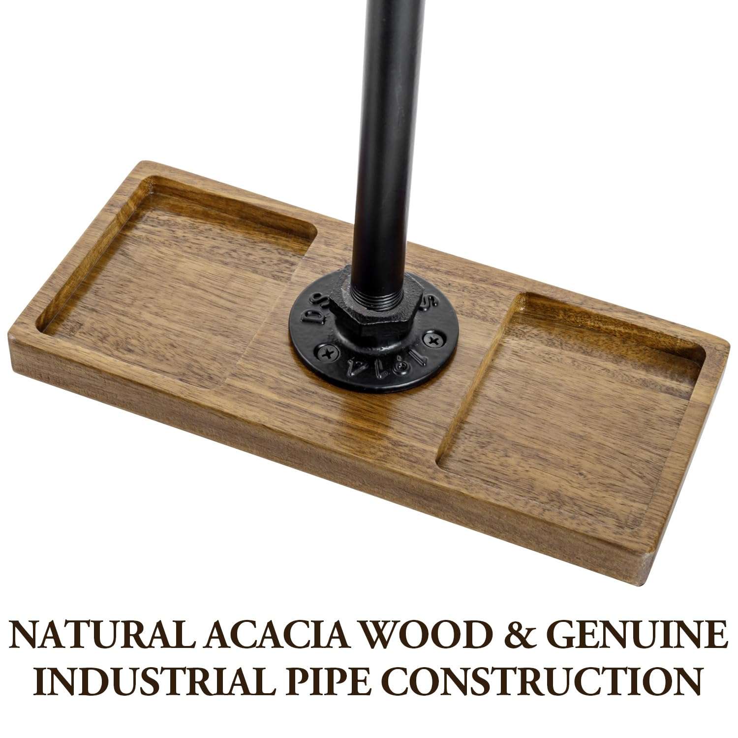 MyGift Premium Acacia Solid Wood and Industrial Black Metal Pipe T-Bar Over Ear Headphones Holder, Tabletop Dual Headphone Display Stand with Accessories Tray 4