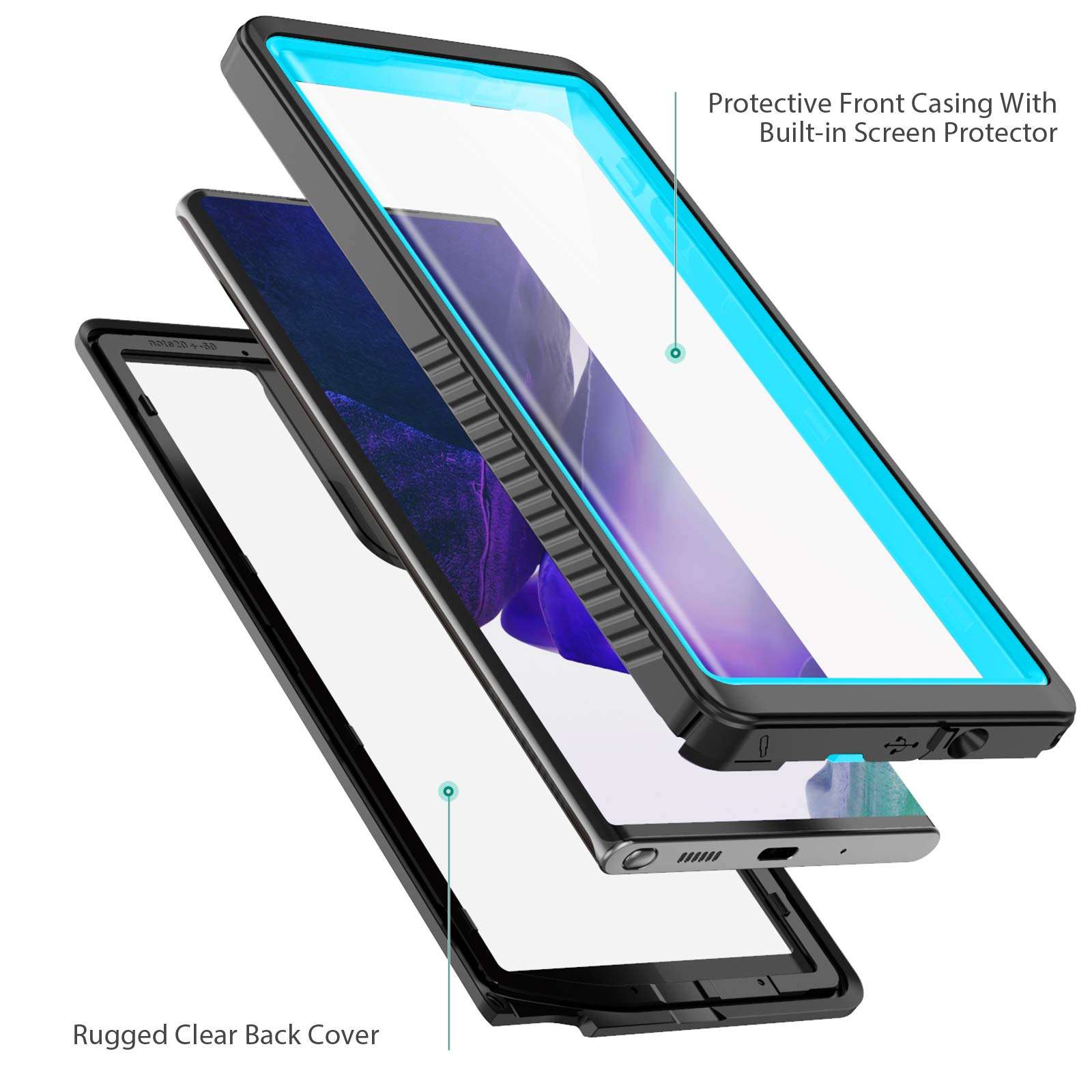 VAPESOON for Galaxy Note 20 Ultra Waterproof Case, Built-in Screen Protector Full-Body Protection Heavy Duty Shock-Proof dust-Proof Cover Case for Samsung Galaxy Note 20 Ultra 6.9 inch (Teal/Clear) 4