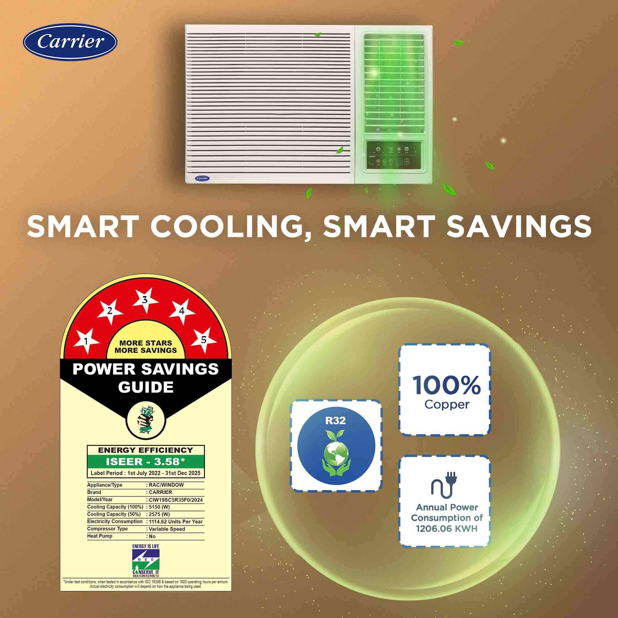Carrier 1.5 Ton 5 Star Inverter Window AC(Copper,High Density Filter for Dust Filtration, 2Way Air Directional Control, ESTRA Fxi,CIW19SC5R35F0,White) 3