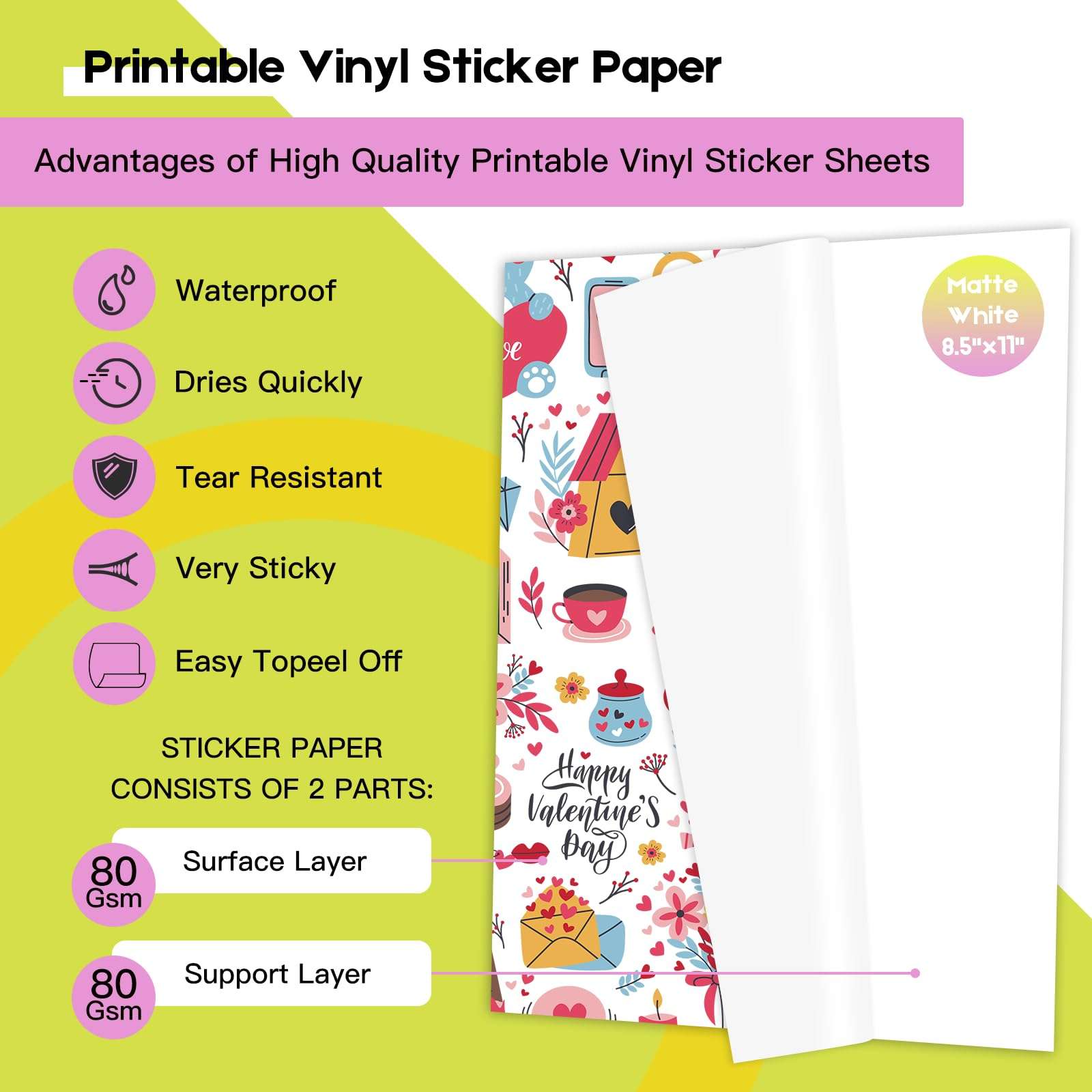 Premium Printable Vinyl Sticker Paper for Inkjet Printer - 30 Sheets White Matte Sticker Paper Waterproof - Durability Adhesive Paper 8.5 x 11, Dries Quickly Vivid Colors,Holds Ink Well 5