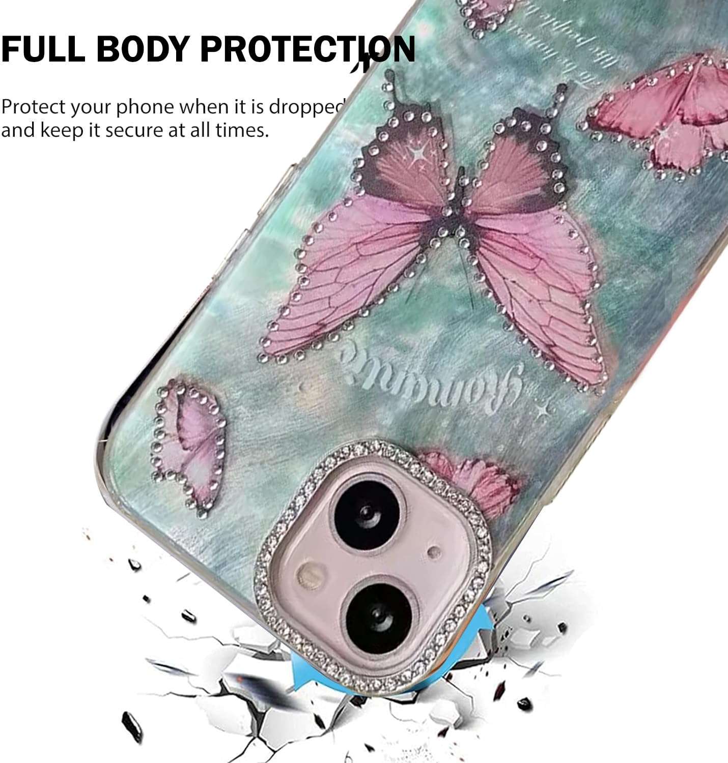 mobistyle Designed for iPhone 15 Cover Glitter Diamond Butterfly Design Phone Back Cover Case (Pink Butterfly) 4