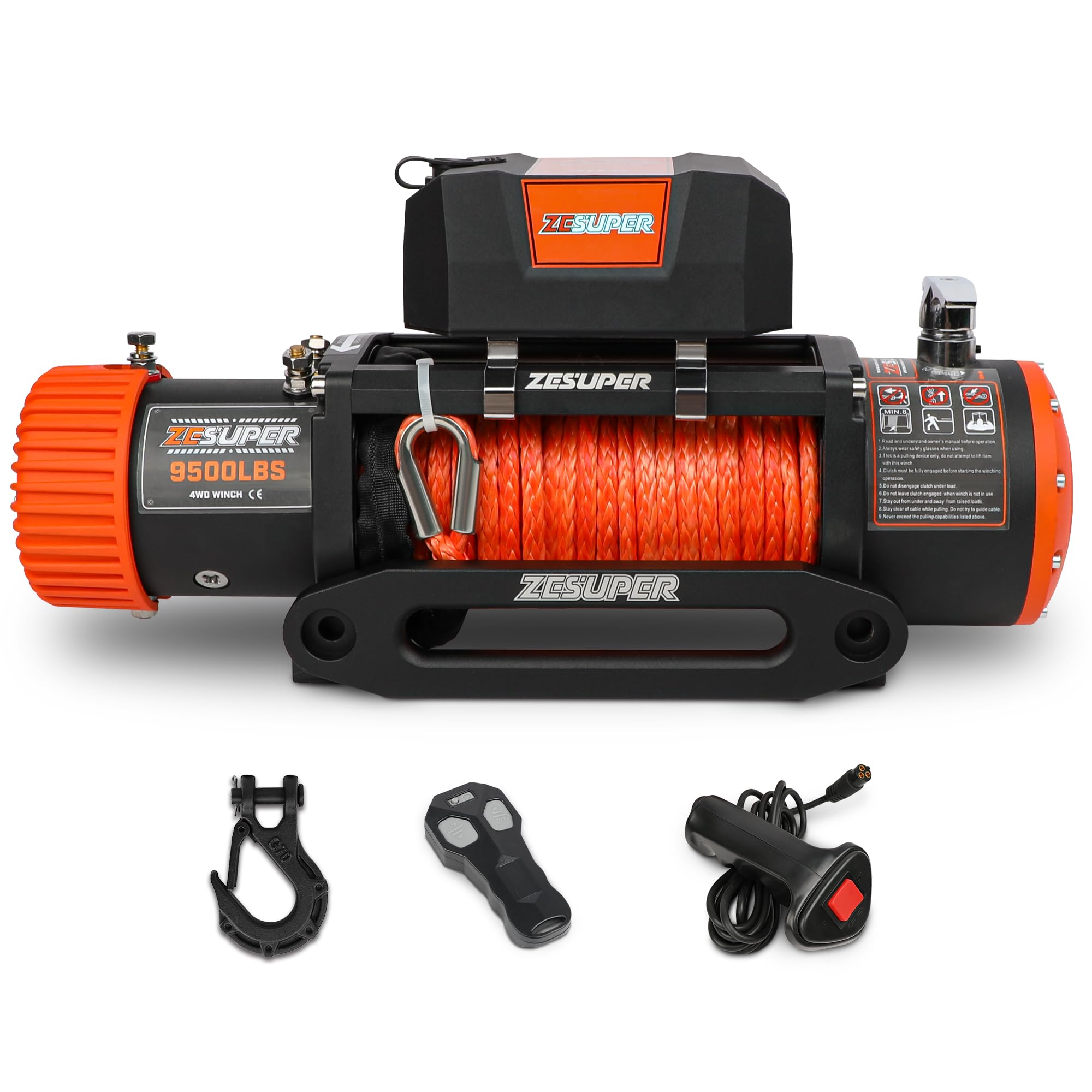 ZESUPER 9500 lb. Load Capacity Electric Winch,12V Electric Winch with Hawse Fairlead, Waterproof IP67 Winch with Wireless Handheld Remotes and Wired Handle Synthetic Rope