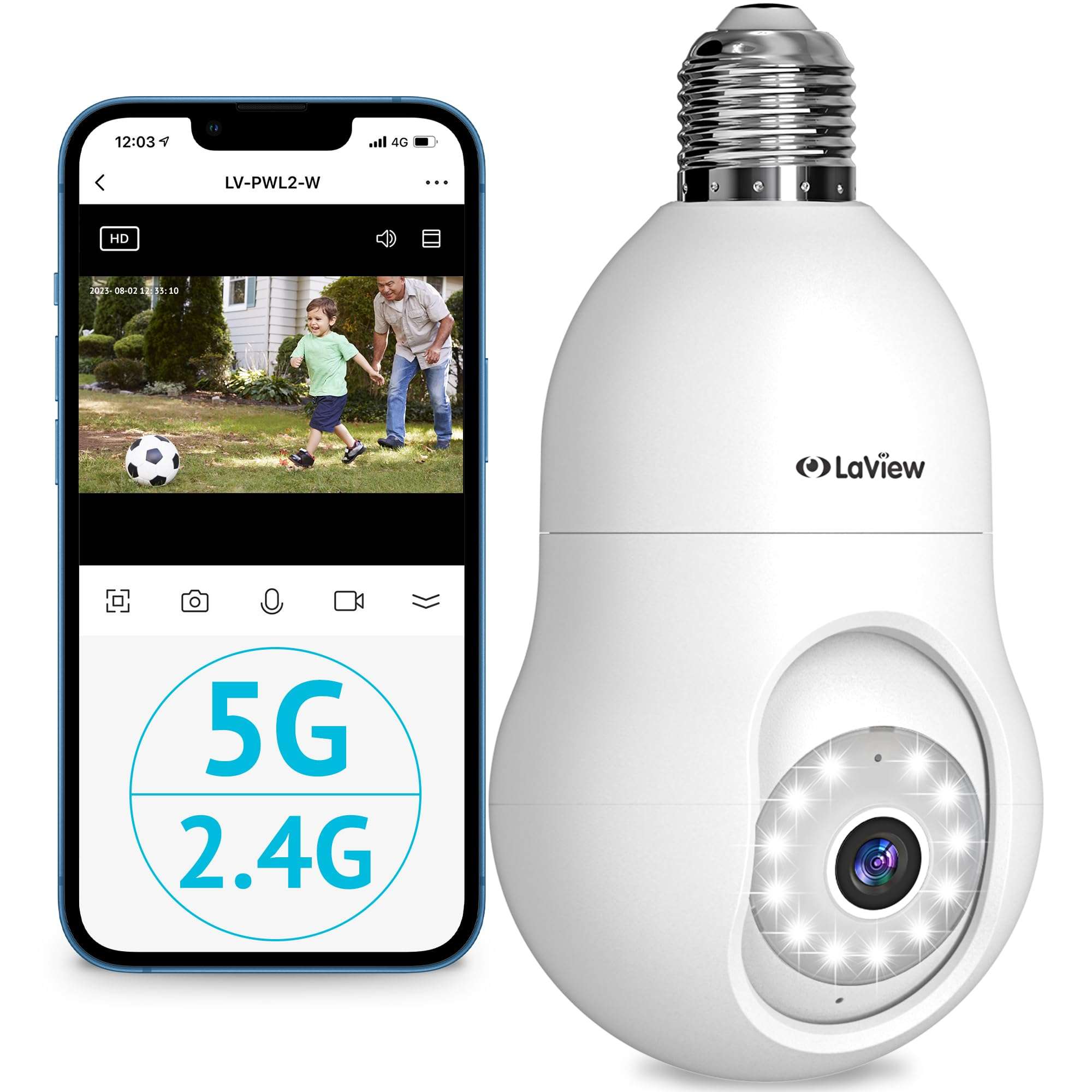 LaView 4MP Bulb Security Camera 5G& 2.4GHz WiFi, 360°2K Security Cameras, 5MP 5G& 2.4GHz WiFi Security Camera Outdoor Wired Starlight Color Night Vision,2K Cameras for Home Security AI Human Detection 3