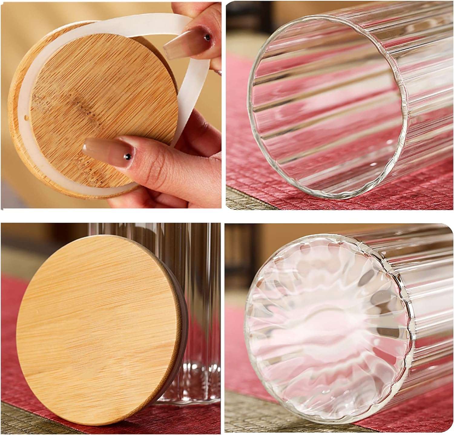 WRINGO Borosilicate Glass Food Storage Containers With Airtight Bamboo Lid, Thickened Coffee Storage Jars For Home Kitchen, Pantry Tea, Spices, Snack (R Linig-1400Ml, Set Of 6),Transparent 5