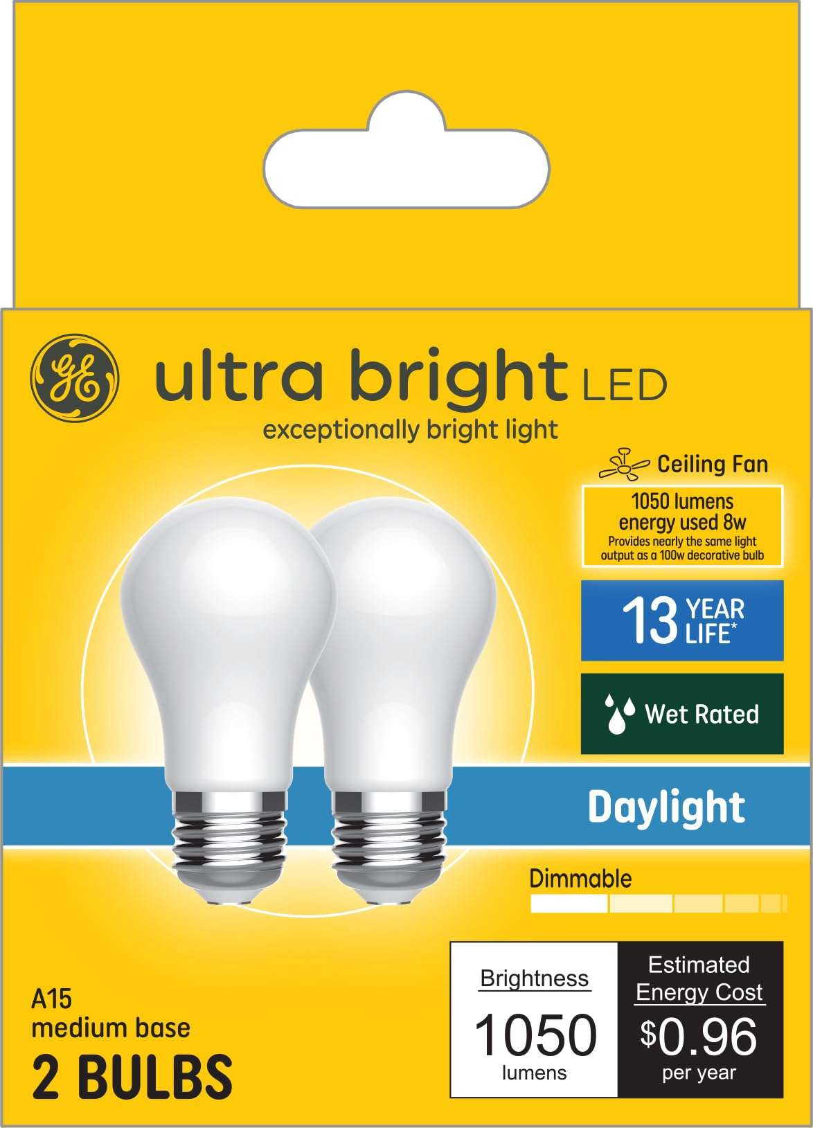 GE Ultra Bright LED Light Bulbs, 100 Watt Equivalent, Daylight, Ceiling Fan Frosted A15 (8 Pack)