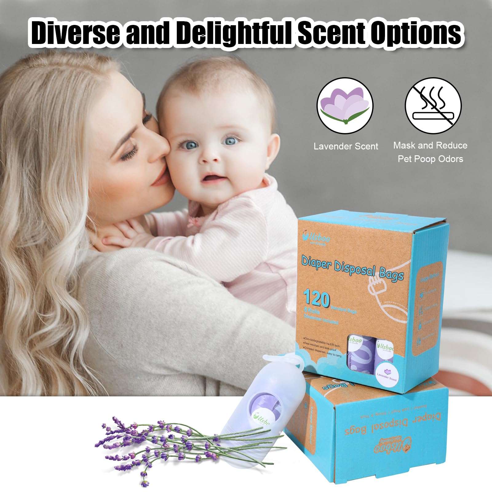 USBOO Disposable Diaper Bags for Baby | 8 Refill Rolls (120 Pack) | Lavender Scented | Baby Poop Bags with Dispenser | Essential for Travel and Quick Change on The Go 4