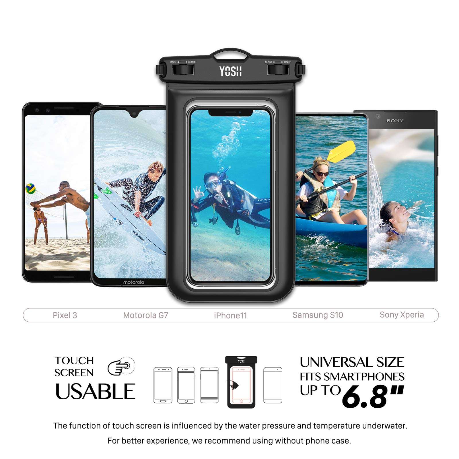 YOSH IPX8 Waterproof Phone Case 2-Pack, Underwater Phone Pouch for iPhone 12 11 Pro Max XR Xs X 8 7 SE Samsung S20 S10 Pixel up to 6.8", Rainproof Dry Bag for Beach Kayaking Bath Black&White 3