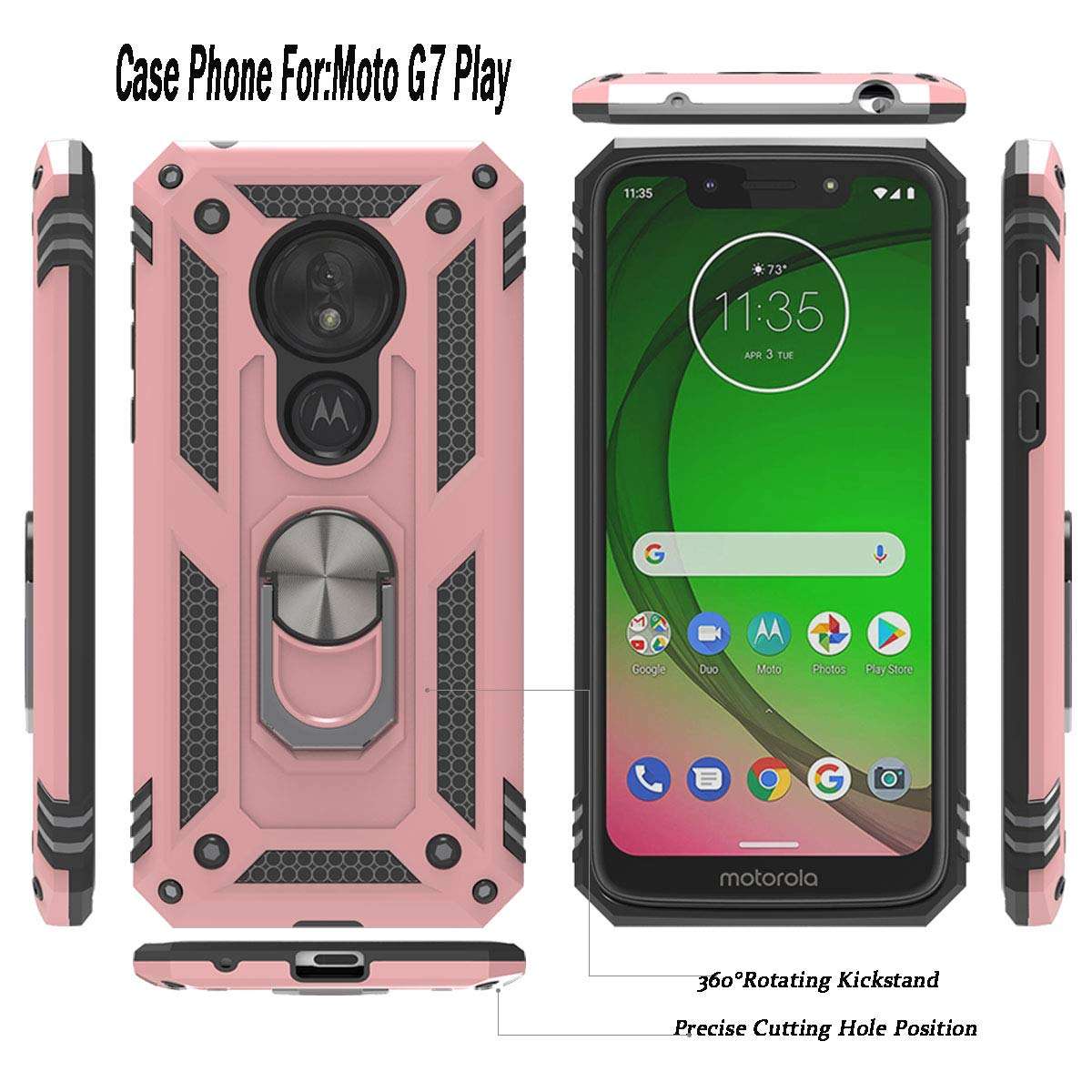Moto G7 Play Case with HD Screen Protector (2Pack) KaiMai 360 Degree Rotating Ring & Bracket Dual Layers of Shockproof TPU and Solid PC Phone Case for Motorola Moto G7 Play-Rose Gold 3