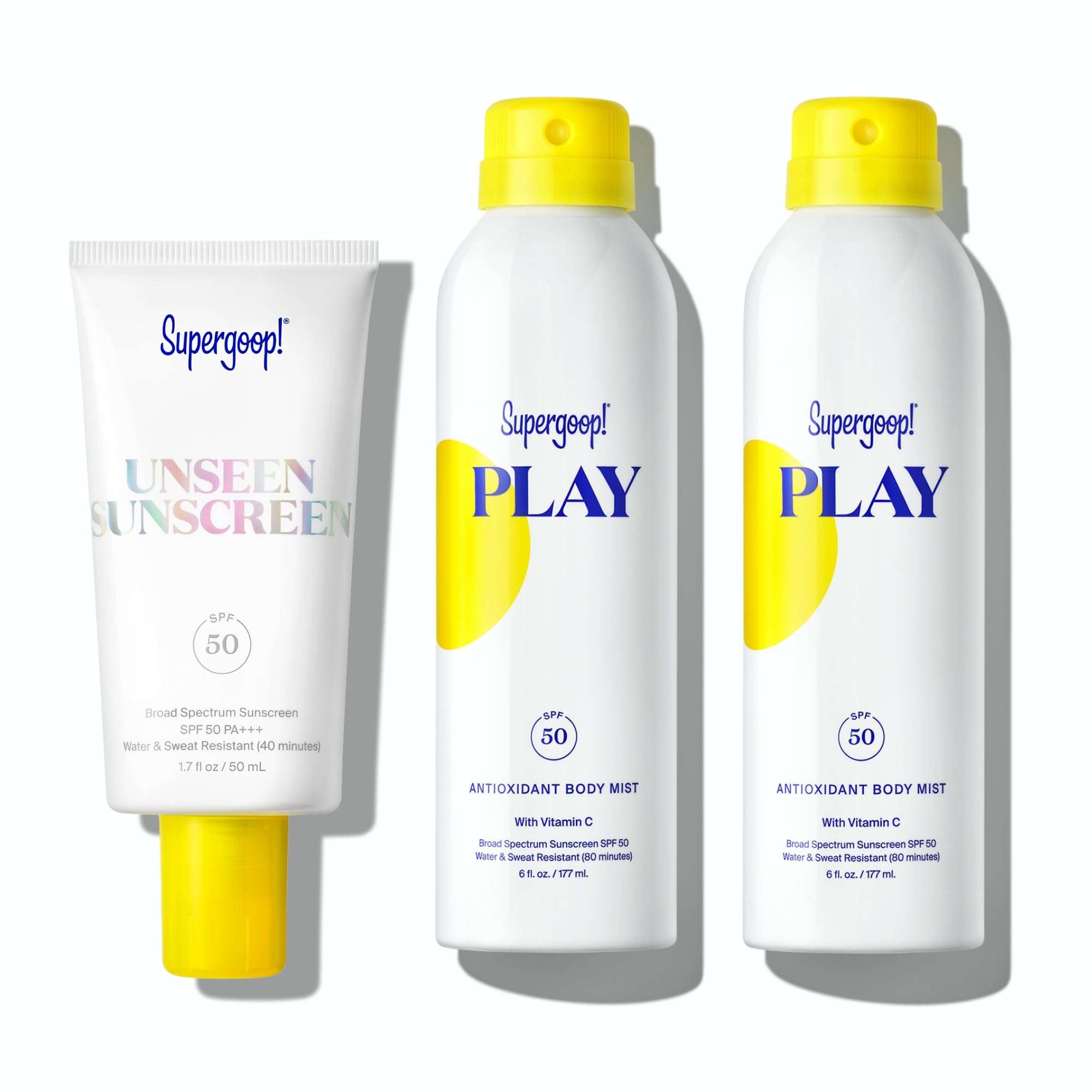 Supergoop! Unseen Sunscreen SPF 50 Invisible Sun Protection for Face (1.7 fl oz) + PLAY Antioxidant Body Mist SPF 50 (Pack of 2, 6 fl oz Each) - Broad Spectrum Body & Face Sunscreen for Sensitive Skin 1