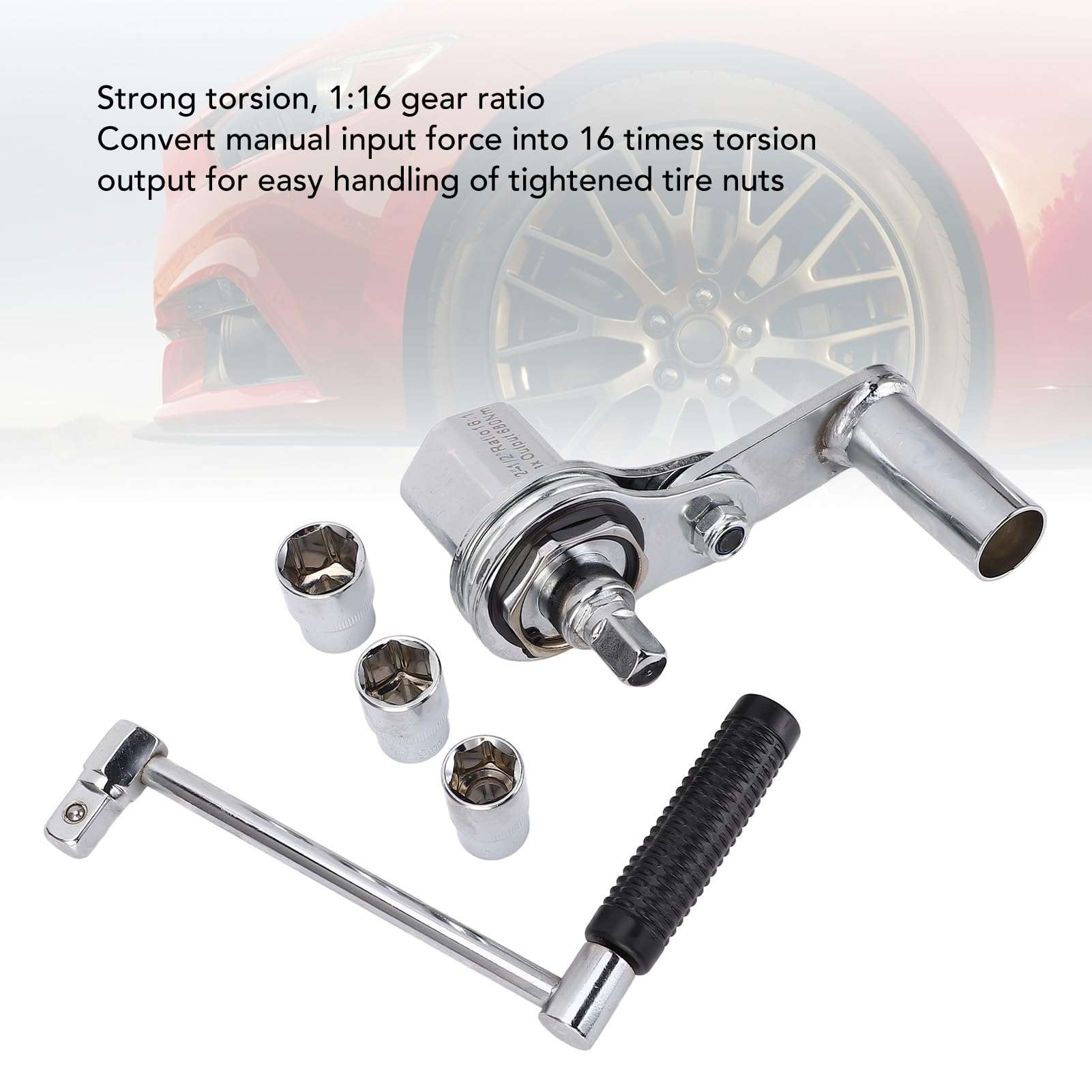 ZAICOLER Wrench Set, 1/2in Torsion Multiplier Wrench Looseing Nuts 1:16 Gear Ratio Car Tire Nut Remover Lug Nut Removal Tool with 17mm 19mm 21mm Sockets for Car Suv 5