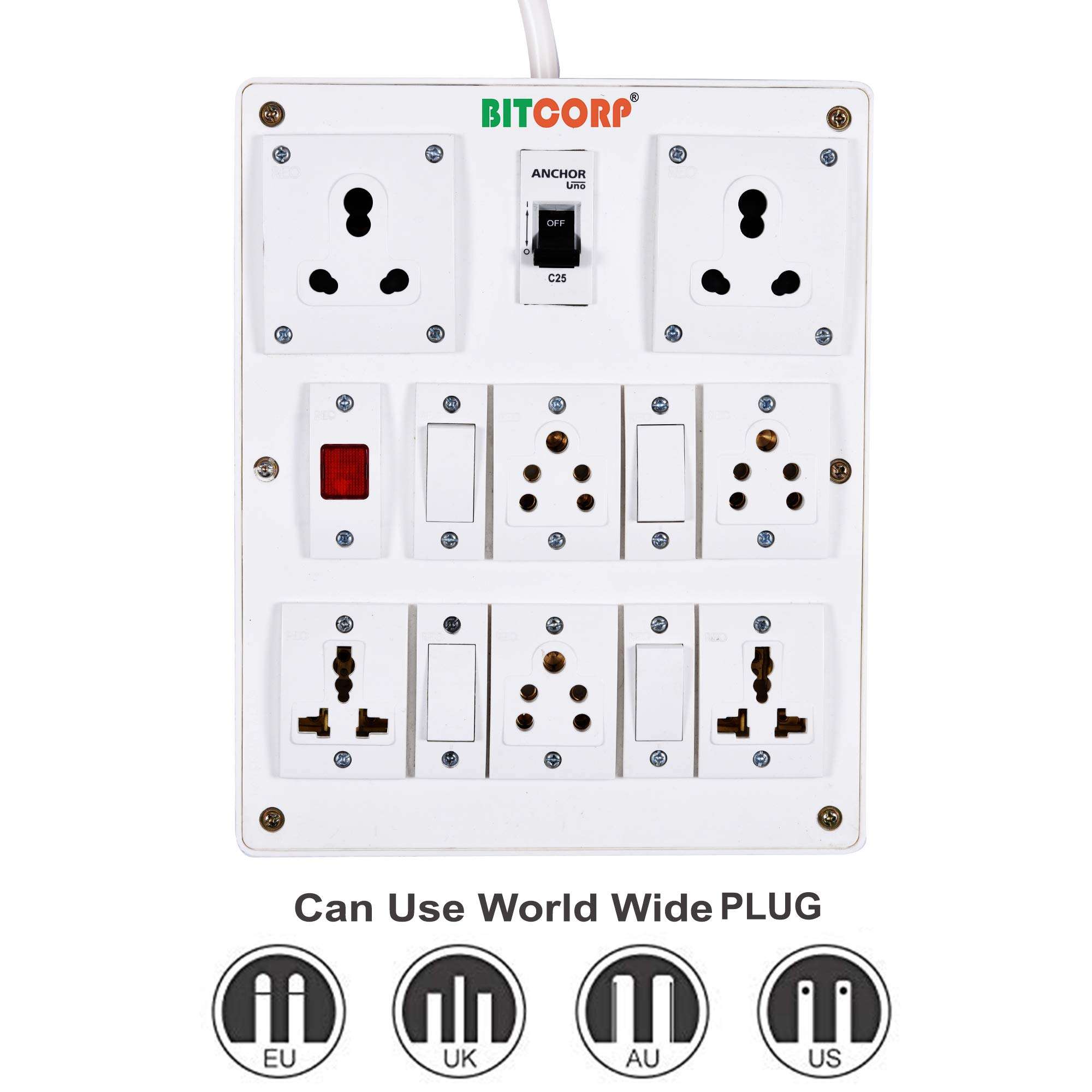 BITCORP Extension Cord(3500W) 6A 16A 20A Spike Guard Thermal Protection 4 Way Multi Outlet 3 Pin 2 Switch Power Cord With 2 Meter Long Wire Cable Suitable For Small&Heavy Duty Appliance,220 Volts 4
