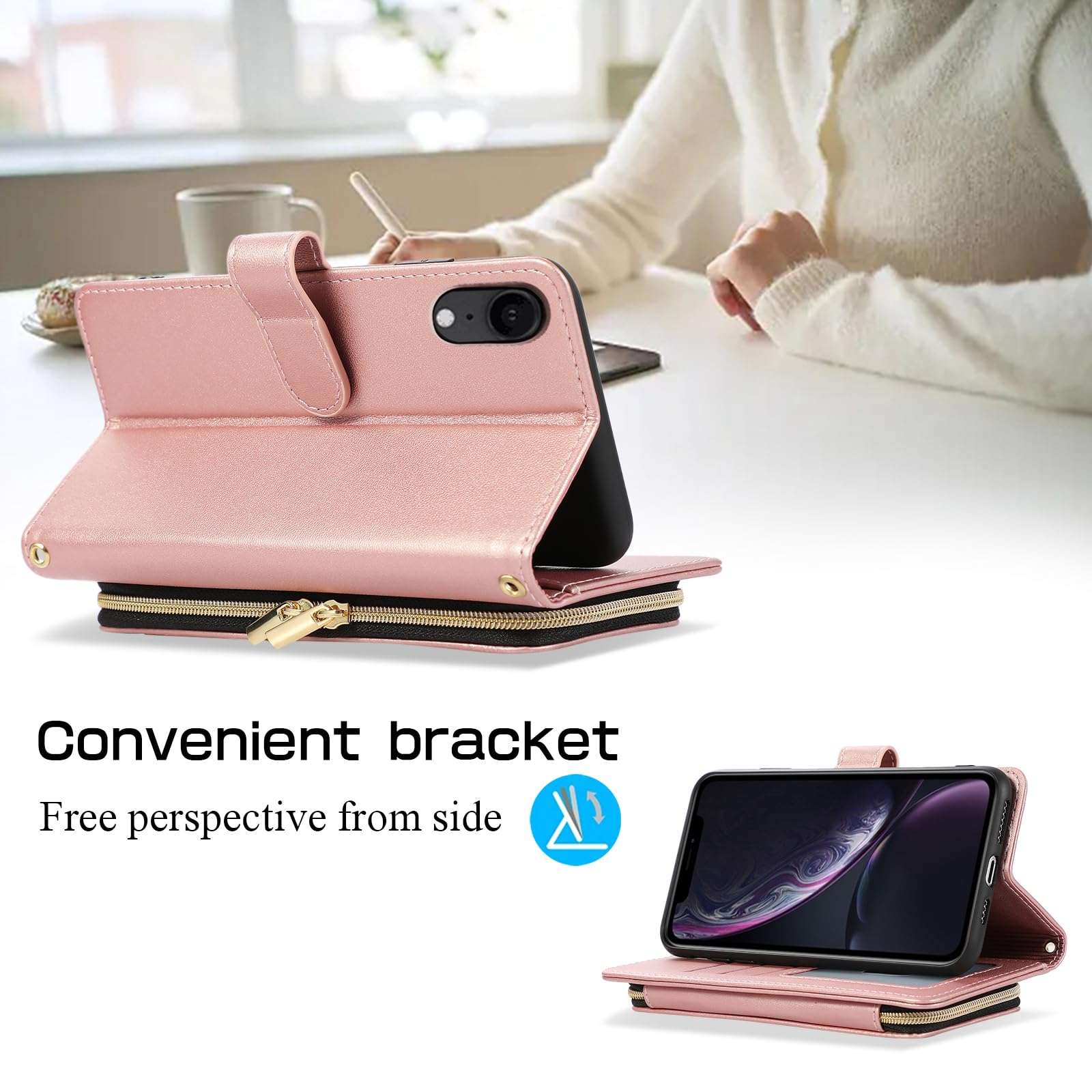 Furiet Argyle Wallet Case for iPhone XR 6.1 with Wrist Strap Shoulder Strap Card Slot Zipper Purse PU Leather Stand Phone Cover for iPhoneXR iPhone10R i Phonex 10XR 10R RX CR iPhoneXRcases Rose Gold 4