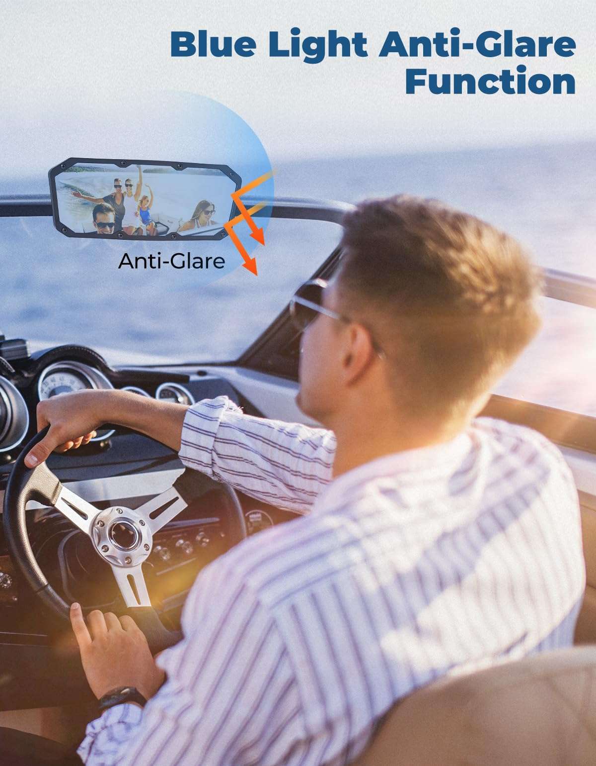 KEMIMOTO Rear View Boat Mirror, Anti Glare Marine Mirror Blue Rearview Mirror with Panoramic Wide Angle for Ski Boat Pontoon Watercraft Surfing 3