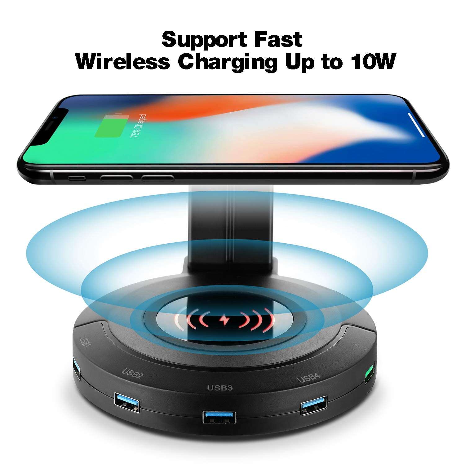 EasyAcc Wireless Charging with Headphone Stand with 18W Output USB 3.0 Charging Port 4 USB HUB Compatible with iPhone XR/Xs Max/XS/X/8/8 Plus, 10W Fast Charging Galaxy S10/S10 Plus/S10E/S9 and More 4