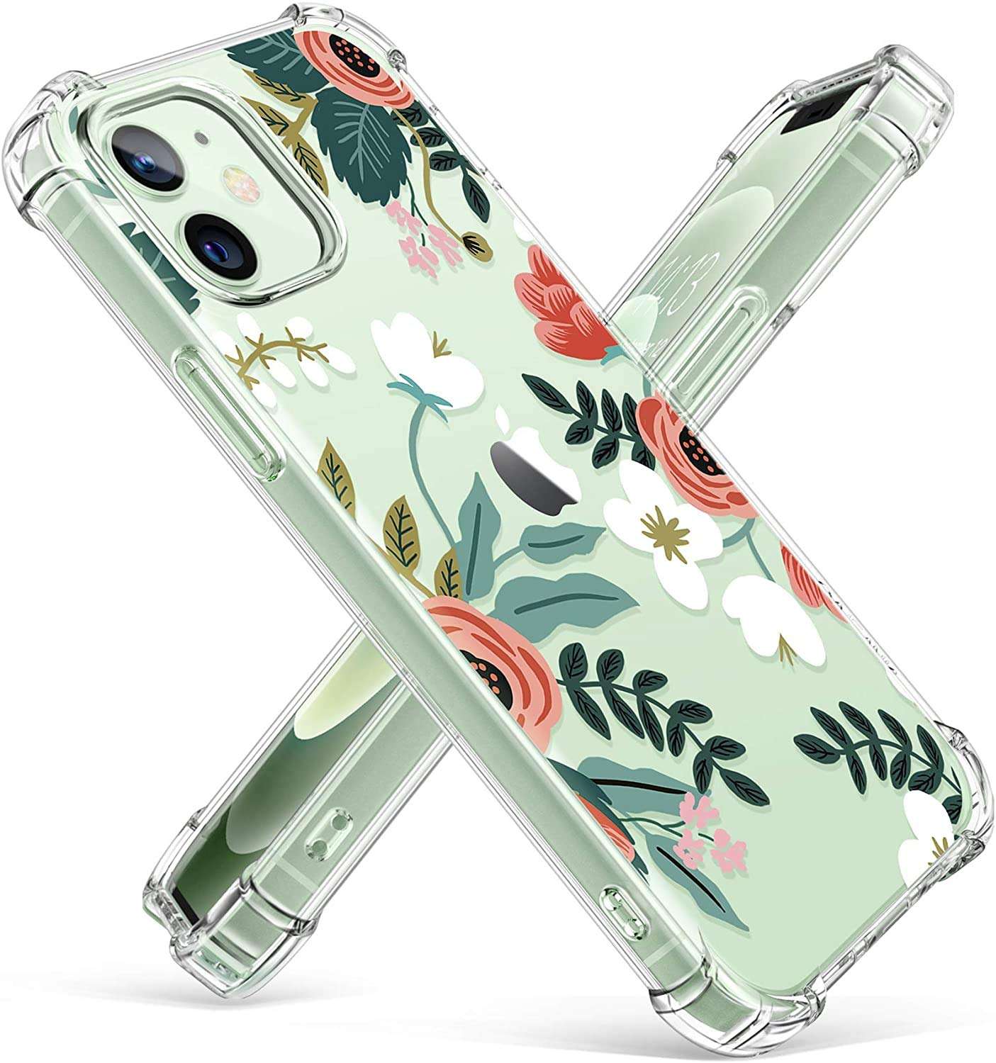 iPhone 12/12 Pro 6.1 inch Case, Clear Flower Design Soft & Flexible TPU Ultra-Thin Shockproof Transparent Bumper Protective Floral Cover Case for iPhone 12/12 Pro 2020 (6.1 inch) (Red-White) 1