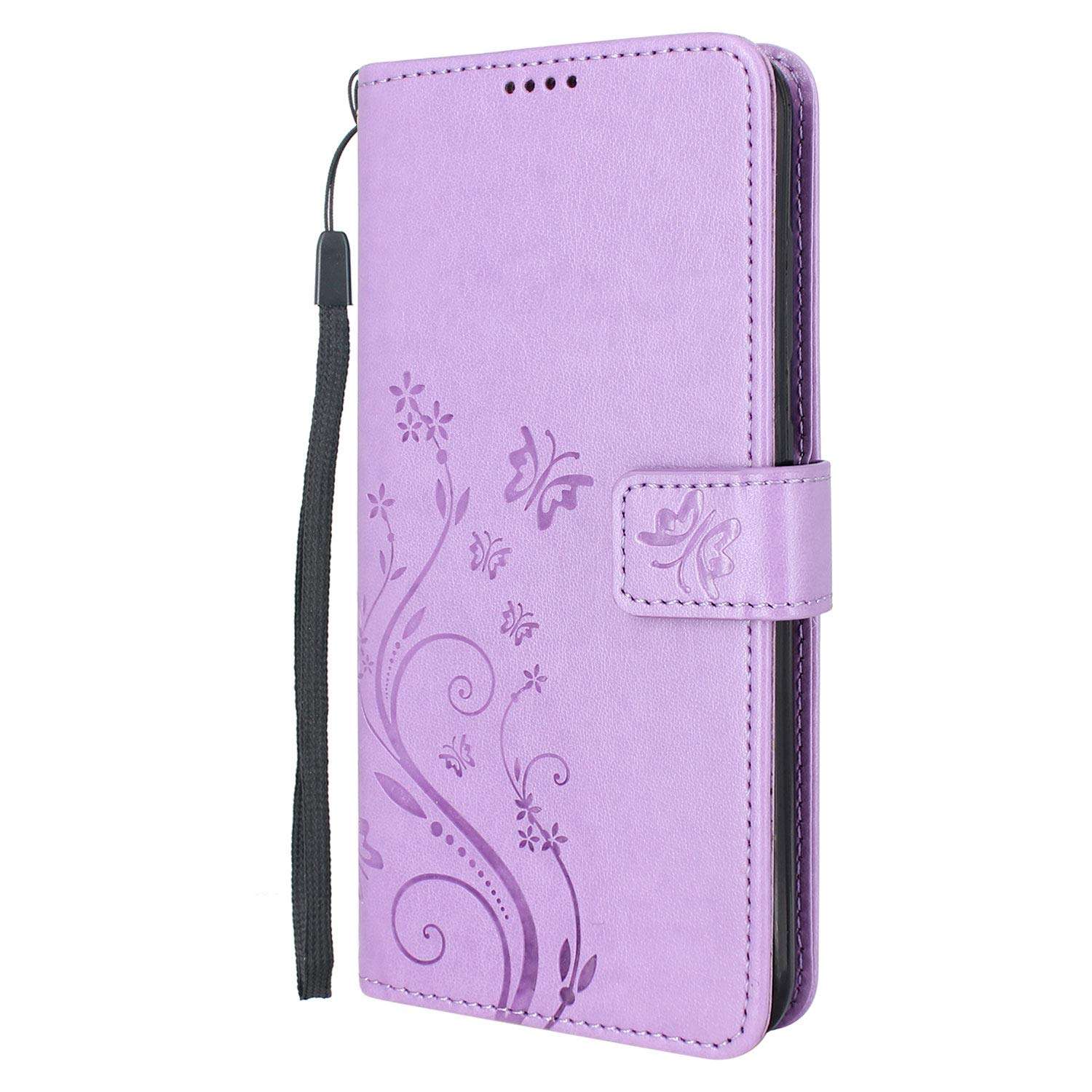 Lacass Floral Butterfly PU Leather Flip Wallet Case Cover Kickstand with Card Slots and Wrist Strap for Google Pixel 4a 5G (Not fit Pixel 4a 4G) (Light Purple) 5
