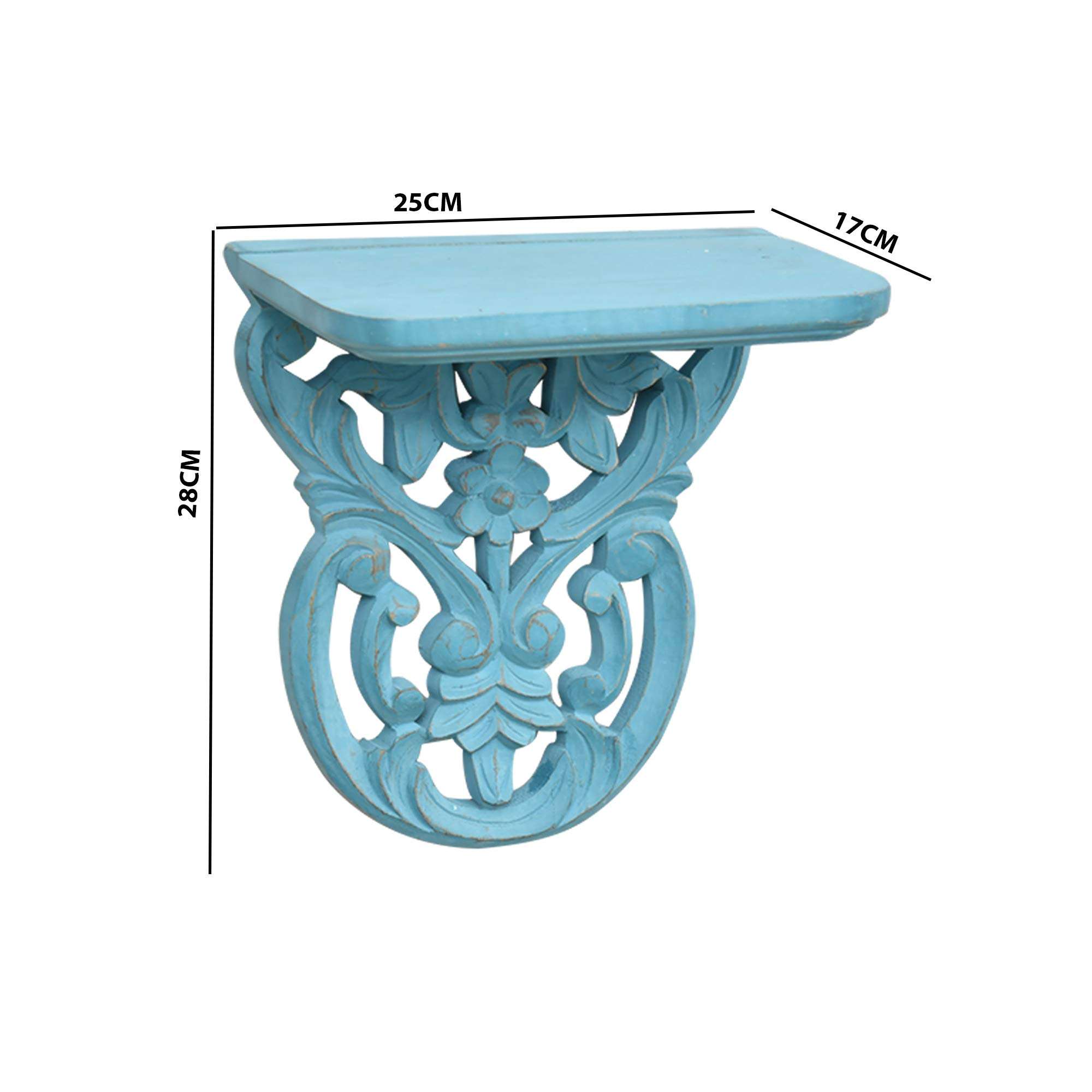 WOODENCLAVE Handcarved Solid Wood Jali Floral Design Wall Mounted Floating Shelf Wooden Wall Brackets Shelves Set for Home Living Room Decor - (Distressed Blue) 5