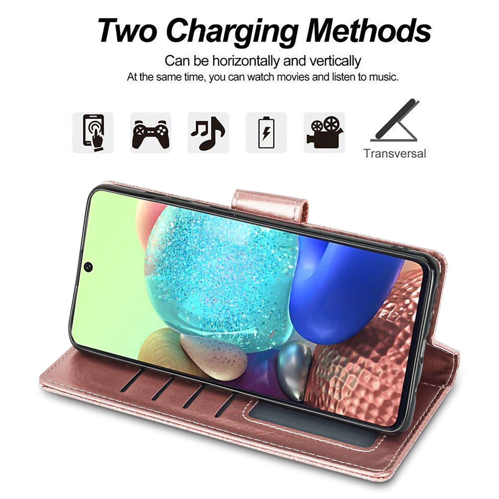 Newseego Compatible with Samsung Galaxy A71 (4G) Leather Case,Glitter Faux PU Leather Magnetic Closure Multi-Credit Card Slot Cash Holder Detachable 2 in 1 Wallet Cover with Wrist Strap-Rose Gold 3