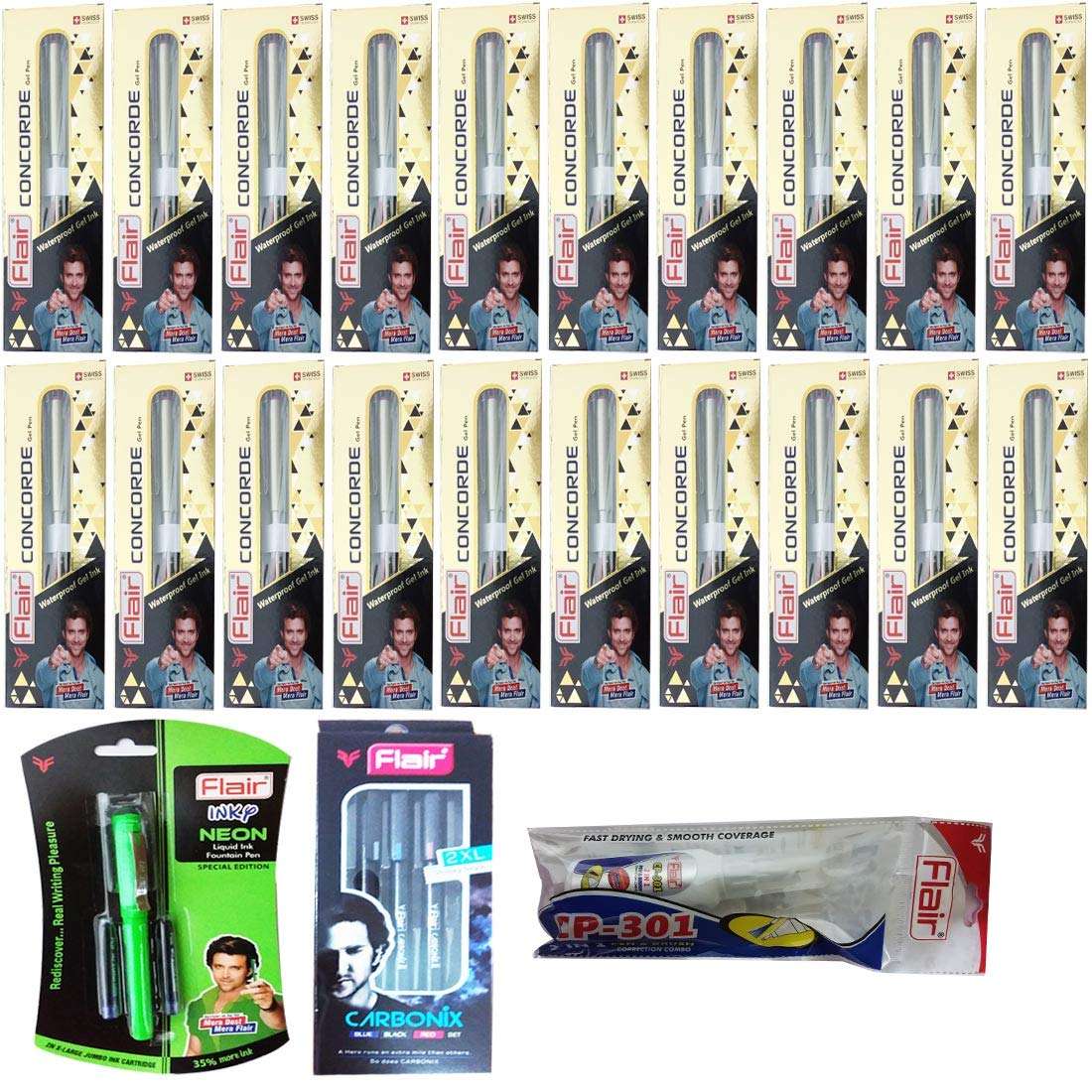 20 FLAIR Concorde Gel Pen + 1 FLAIR CARBONIX (Blue/Black/RED Set) + 1 FLAIR CP-301 2 in 1 Pen & Brush Correction + 1 FLAIR Inky NEON Liquid Ink Fountain Pen