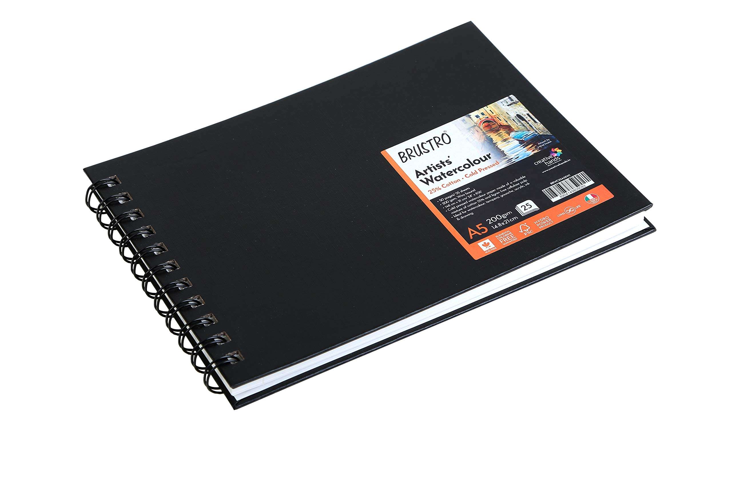 BRUSTRO Artists Gouache Colour Set of 24 Colours X 12ML Tubes with 25% Cotton Watercolour Wiro Journal Cold Pressed 200 GSM A5-25 Sheets and VelveTouch Artist Brushes set of 6 5