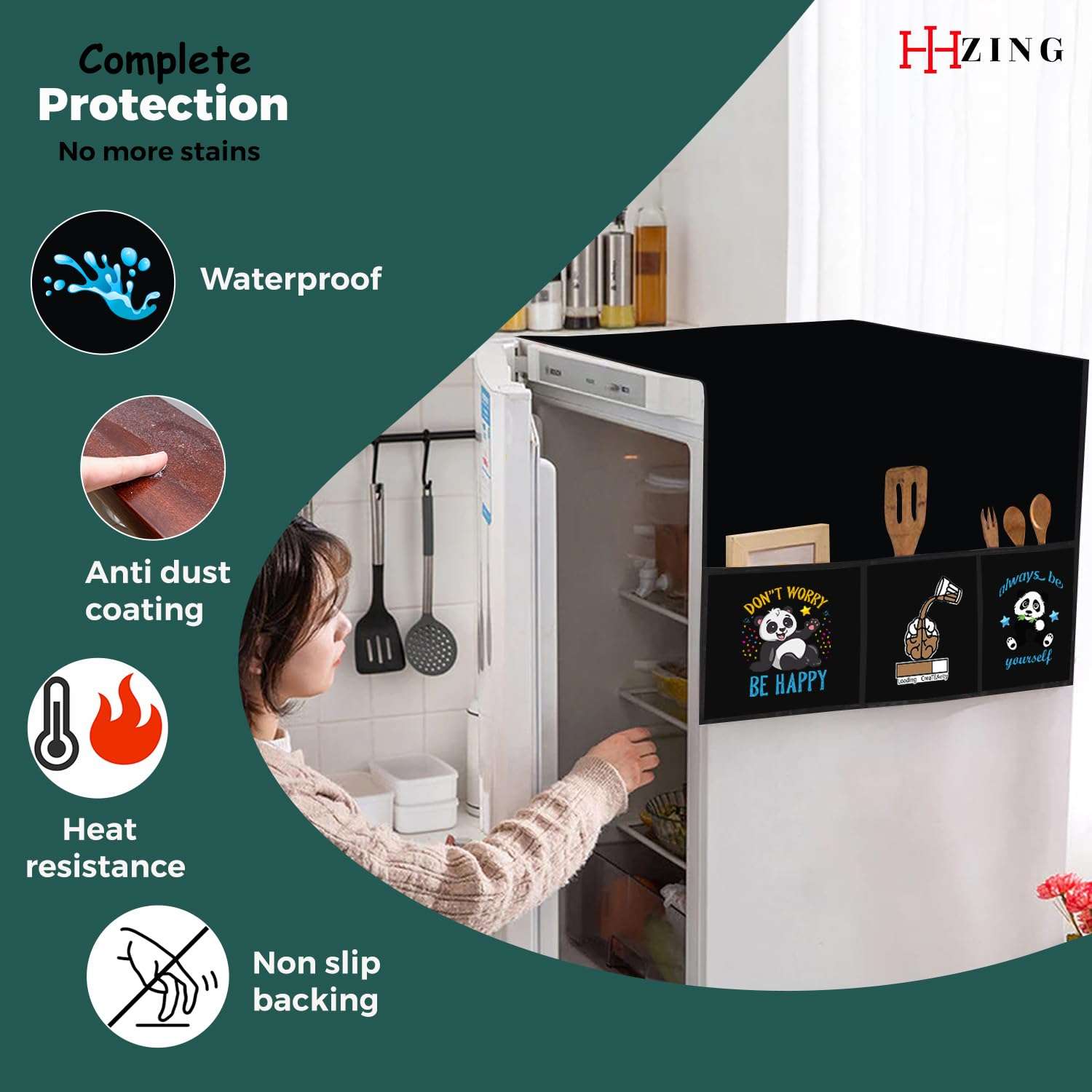 Hizing Anti Dust & Stain Free Waterproof Fridge Top Cover with 6 Utility Pockets Good for Top Double Door Solid Dont Worry/Createavity/Be Yourself Print (Black) 3