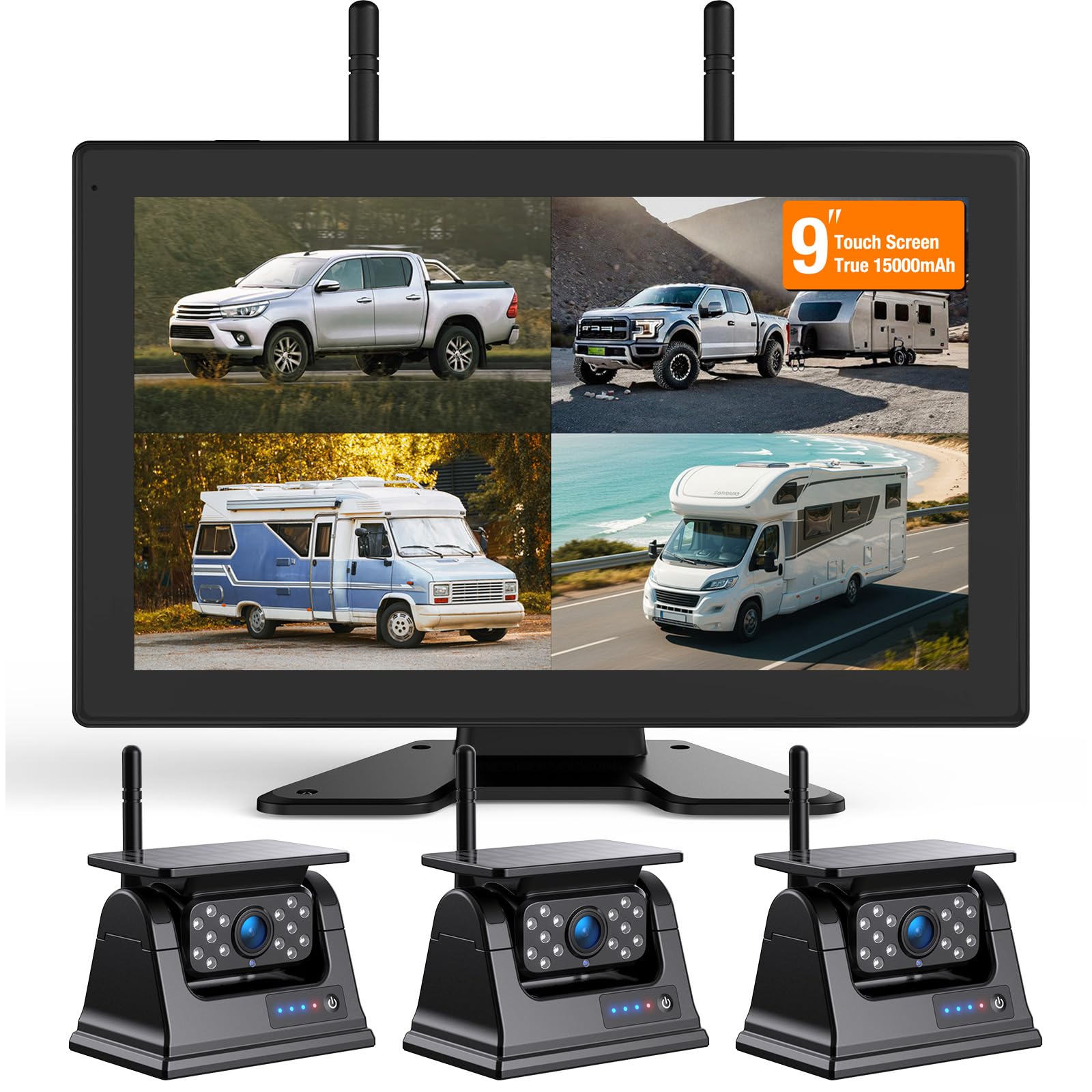 3 Magnetic Solar Wireless Backup Camera for Truck, 9" Portable 1 Min Easy Install Scratch-Proof No Delay Touch Screen Monitor System True 15000mAh Rechargeable Reverse Camera for Tractor Excavator