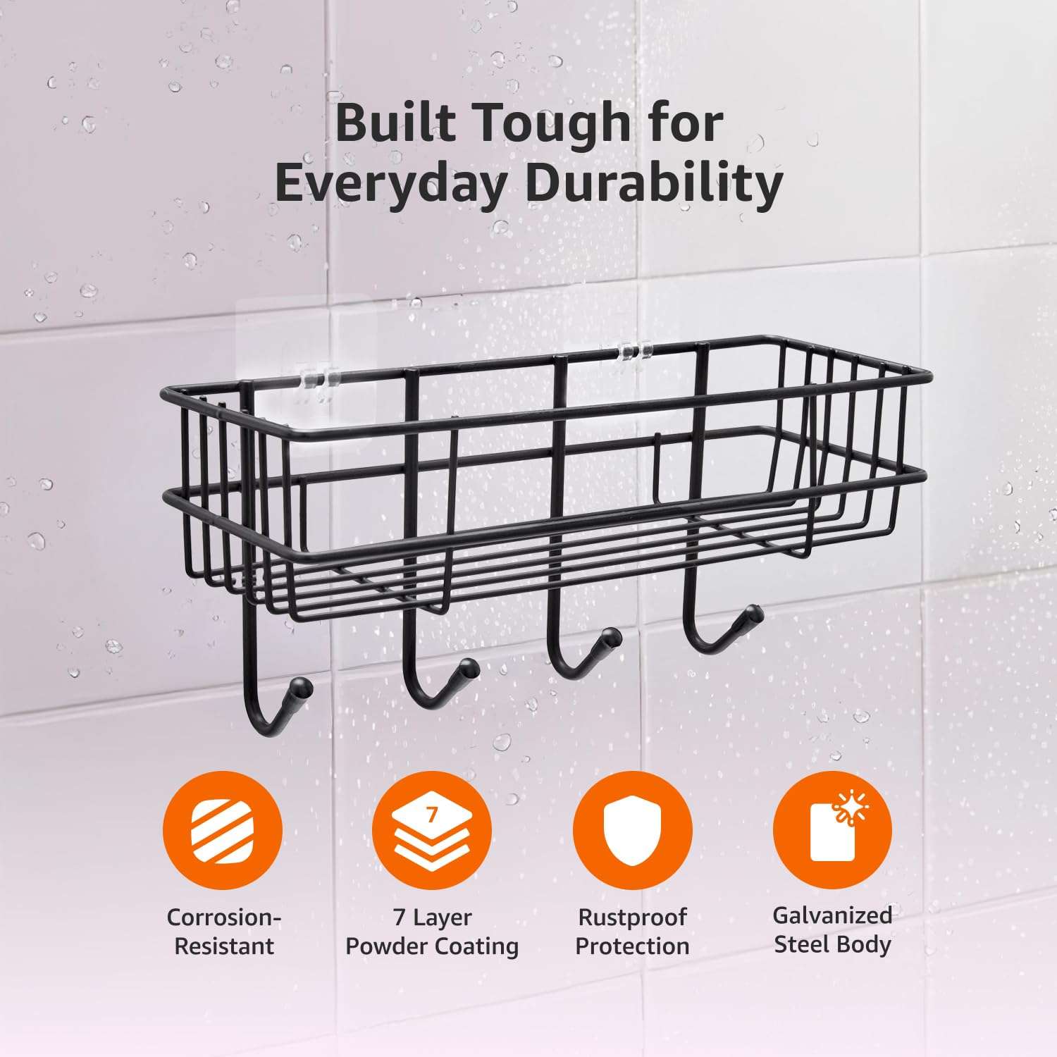 Amazon Basics Self-Adhesive Wall Shelf – No-Drill Multipurpose Bathroom/Kitchen Organizer with Hooks and Towel Holder, Rust Proof GI Steel Organizer | Black, 28.2 x 9.8 x 11.5 cm, Pack of 2 4