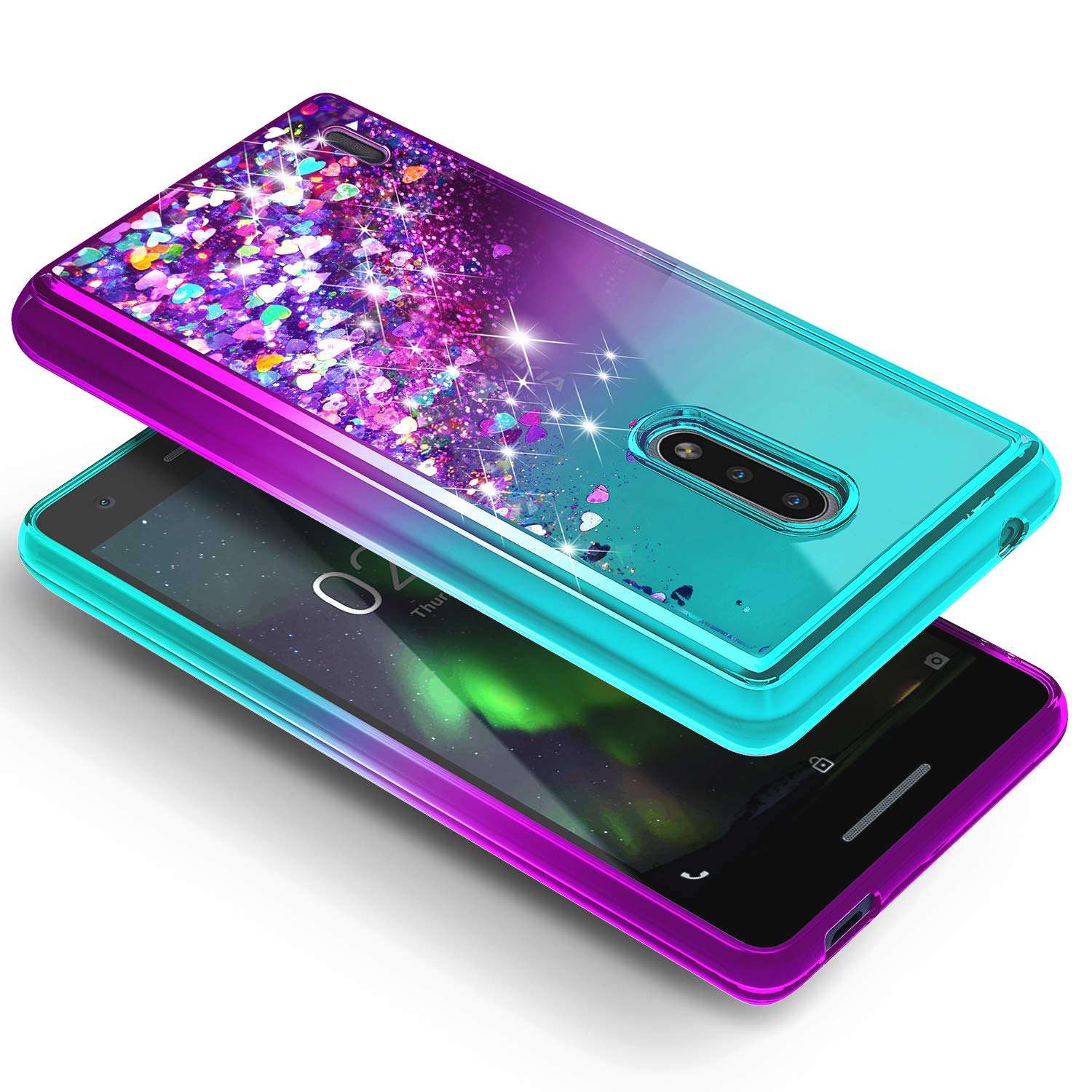 NZND Case for Nokia C2 Tava/Nokia C2 Tennen (Cricket Wireless) with Tempered Glass Screen Protector (Full Coverage), Glitter Liquid Floating Waterfall Durable Girls Cute Phone Case Cover -Aqua/Purple 3