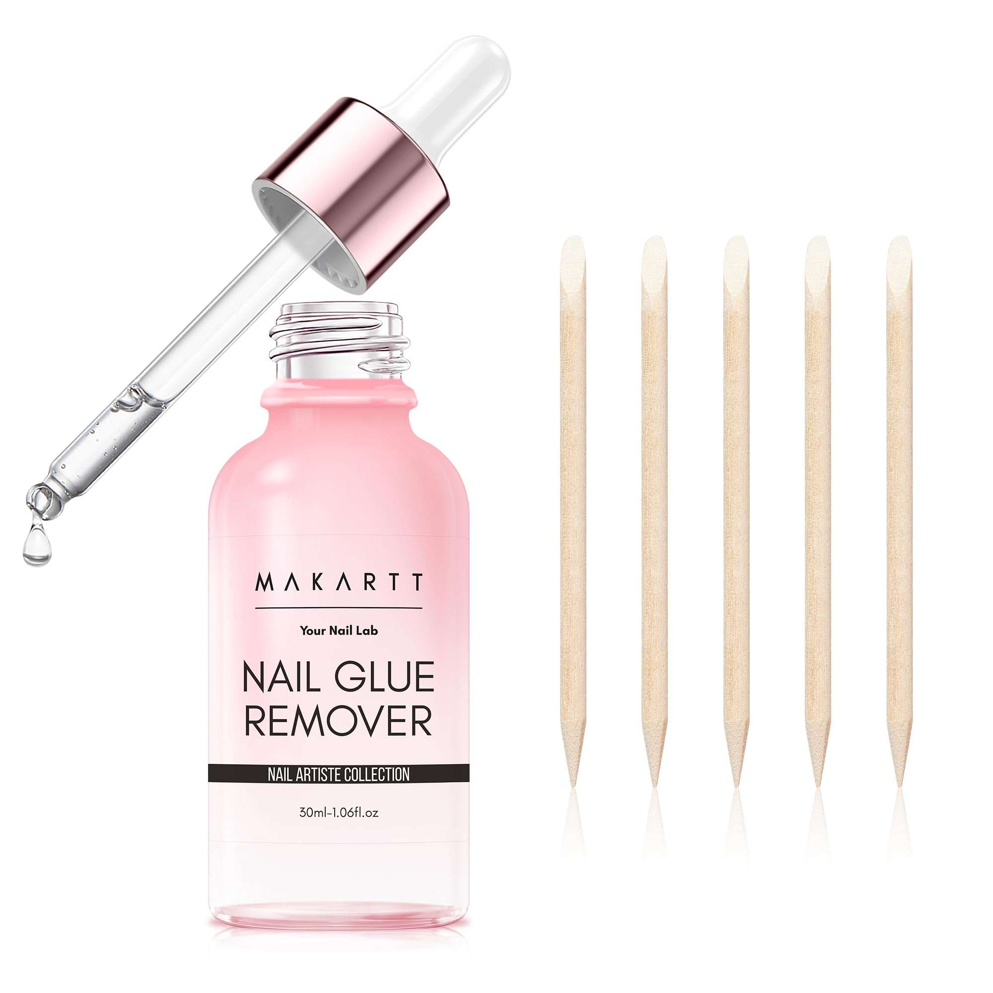 Makartt Press on Nail Glue Remover: Updated Formula with Vitamin E | Glue Debonder with 5 Wooden Sticks,1 Dropper Applicator for Quicker Application,Non-Acetone,Hema-free Glue off 30 ml 1