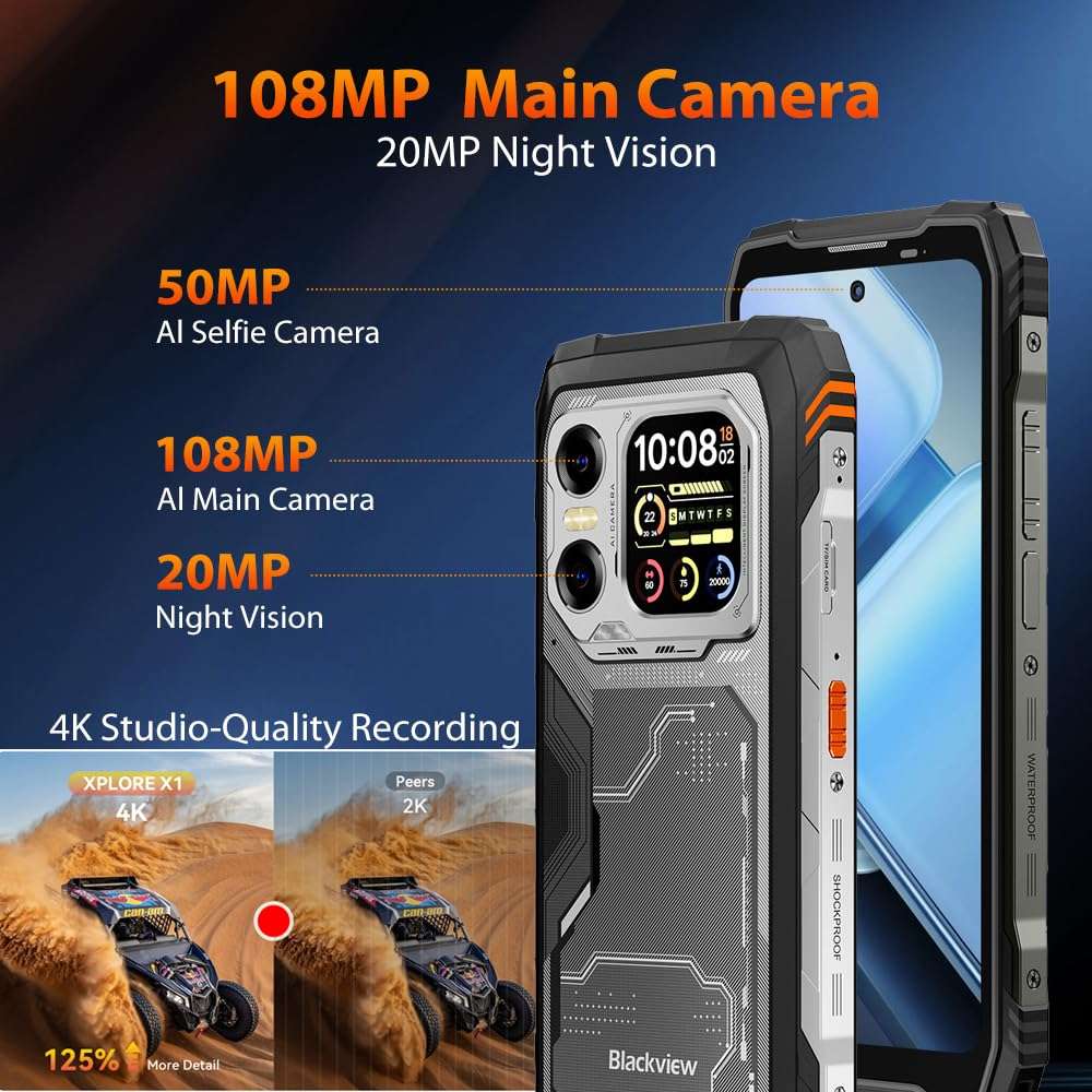 Blackview XPLORE X1 5G Rugged Phone,6.78''FHD+ 2.4K + 2,01" Rear Screen,108MP+50MP Camera Android 15 AI Mobile Phones, 36GB+256GB/2TB,10000mAh/55W IP69K Waterproof Dual SIM NFC/OTG/WiFi 6