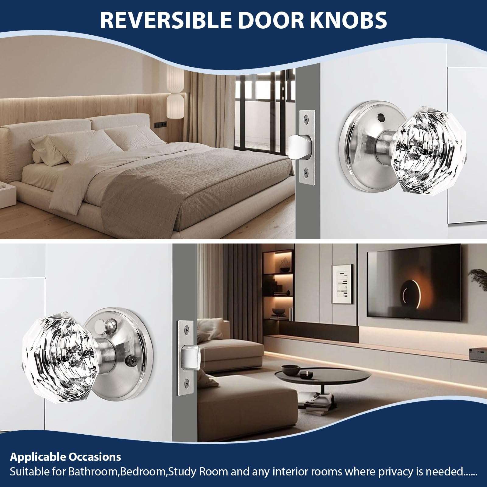 Orger 3 Pack Diamond Glass Door Knobs, Crystal Privacy Door Handles for Bedroom/Bathroom, Interior Keyless Door Knobs with Pin Lock, Satin Nickel Zinc Alloy Rosette 6