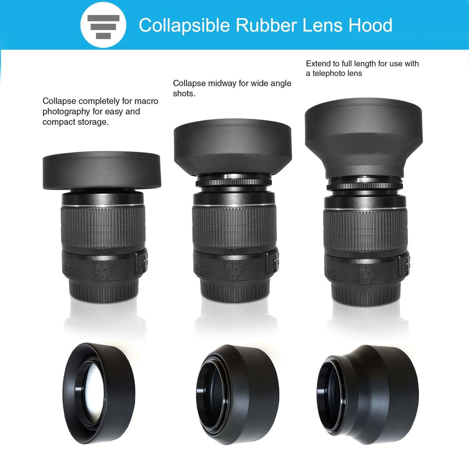 58mm Lens Hood Set, Collapsible Rubber Lens Hood with Filter Thread + Reversible Tulip Flower Lens Hood + Center Pinch Lens Cap + Microfiber Lens Cleaning Cloth 5
