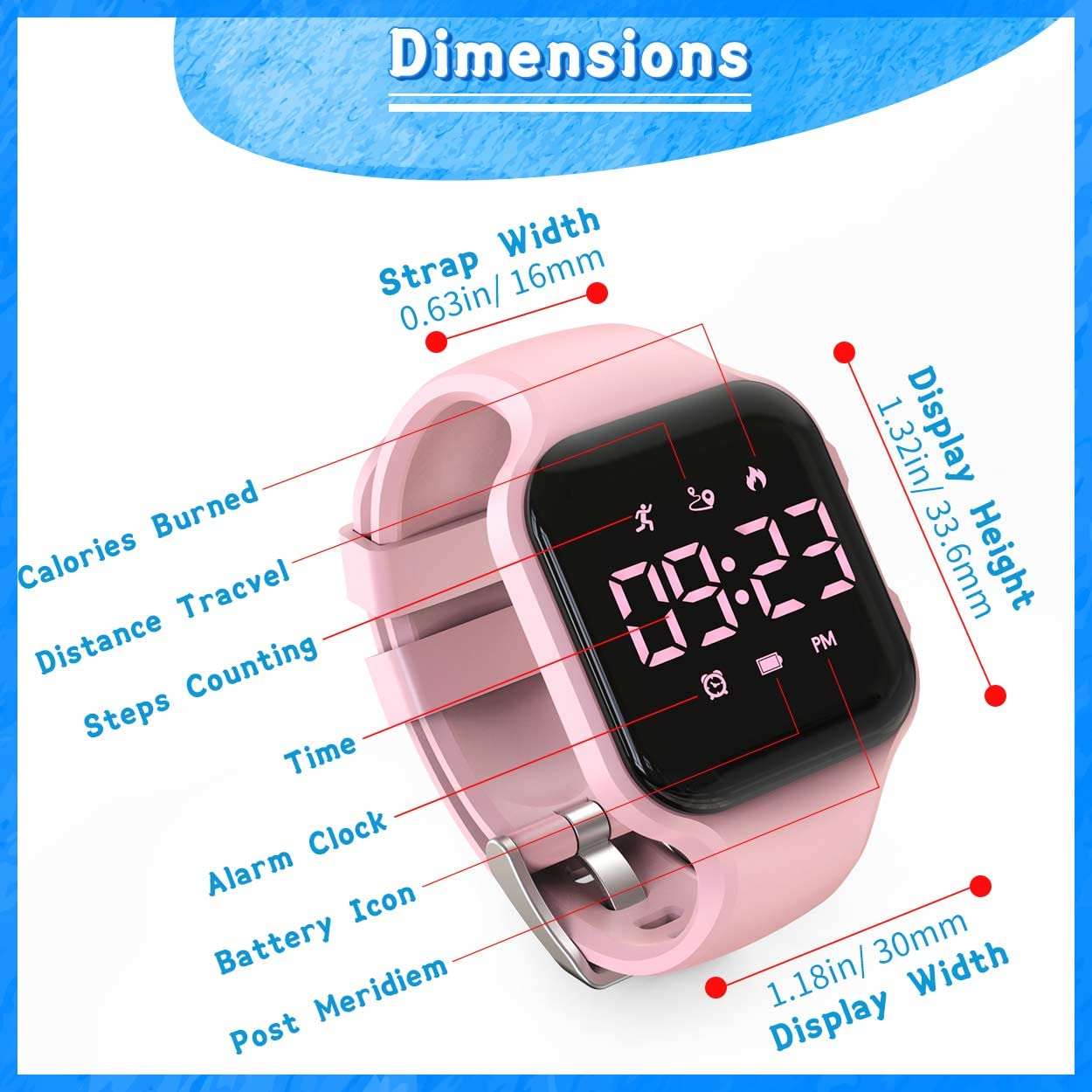 Konewos Kids Led Fitness Tracker Watch, Non-Bluetooth Digital Pedometer Wristwatch, Waterproof, 12/24 H, Stopwatch, Calendar, for Children Girls Boys Teens (Pink) 6