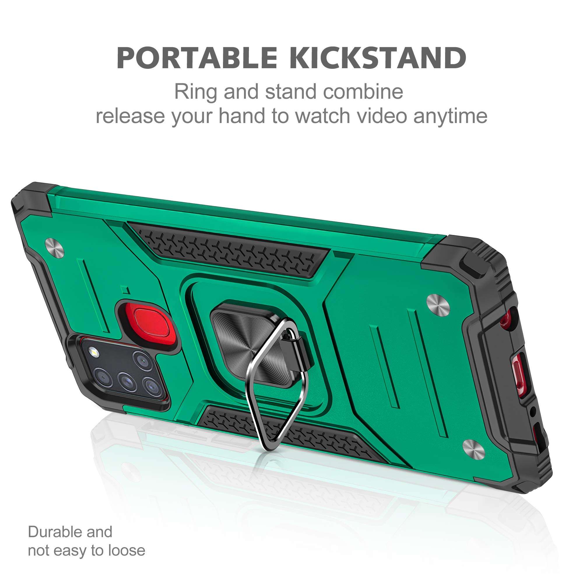 YmhxcY Galaxy A21S Case, Samsung A21S Case with Tempered Glass Screen Protector [2 Pack], Armor Grade Case with Rotating Holder Kickstand Non-Slip Hybrid Rugged Case for Galaxy A21S-KJ Dark Green 2