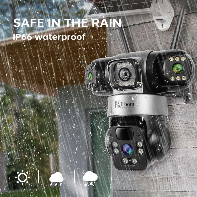 E bom Solar 4G SIM Security Camera for Outdoor Use | 3-Lens CCTV with 3+3+3MP Resolution | 360° Rotating Main Lens & 180° Dual Lens with PIR Motion | Night Vision | 2-Way Talk | Waterproof 4