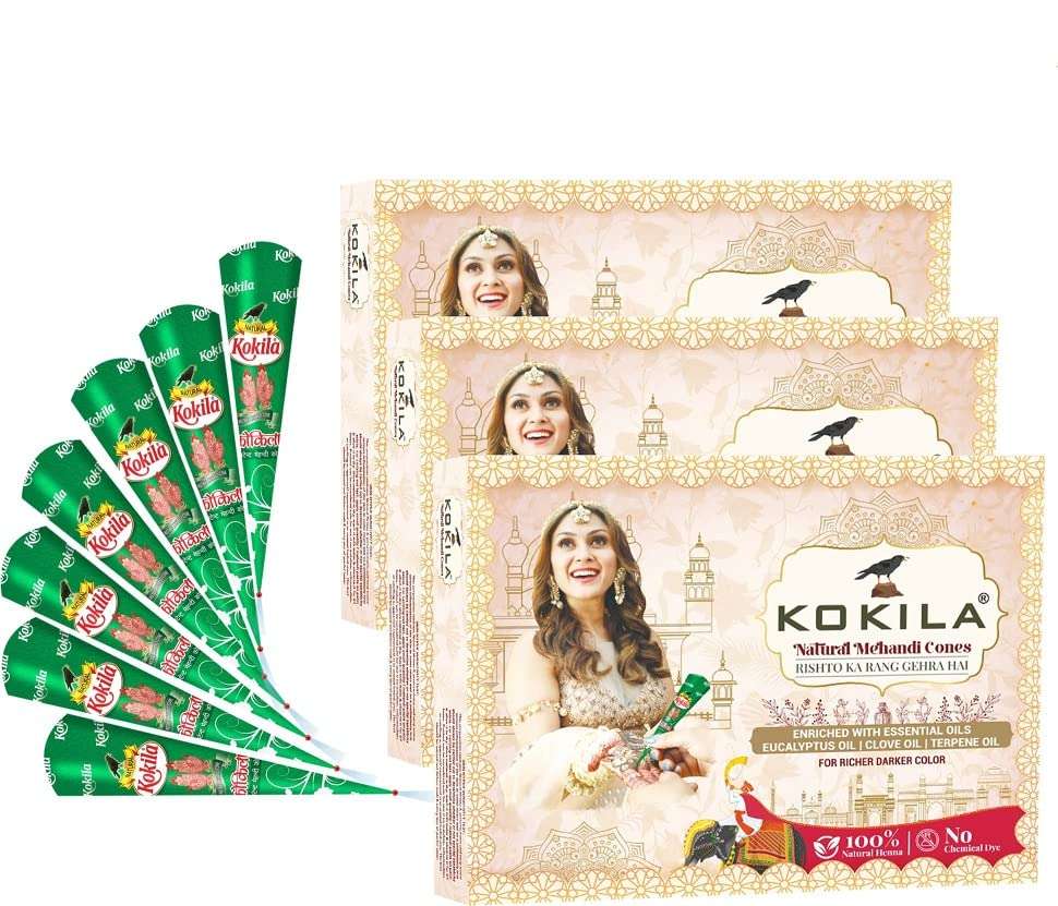 Kokila Natural Mehandi Cones - 3 Box (36 Cones - 25g Each Cone) - Enriched with Essential Oils, Eucalyptus Oil, Clove Oil, Terpene Oil For Richer Darker Color 1