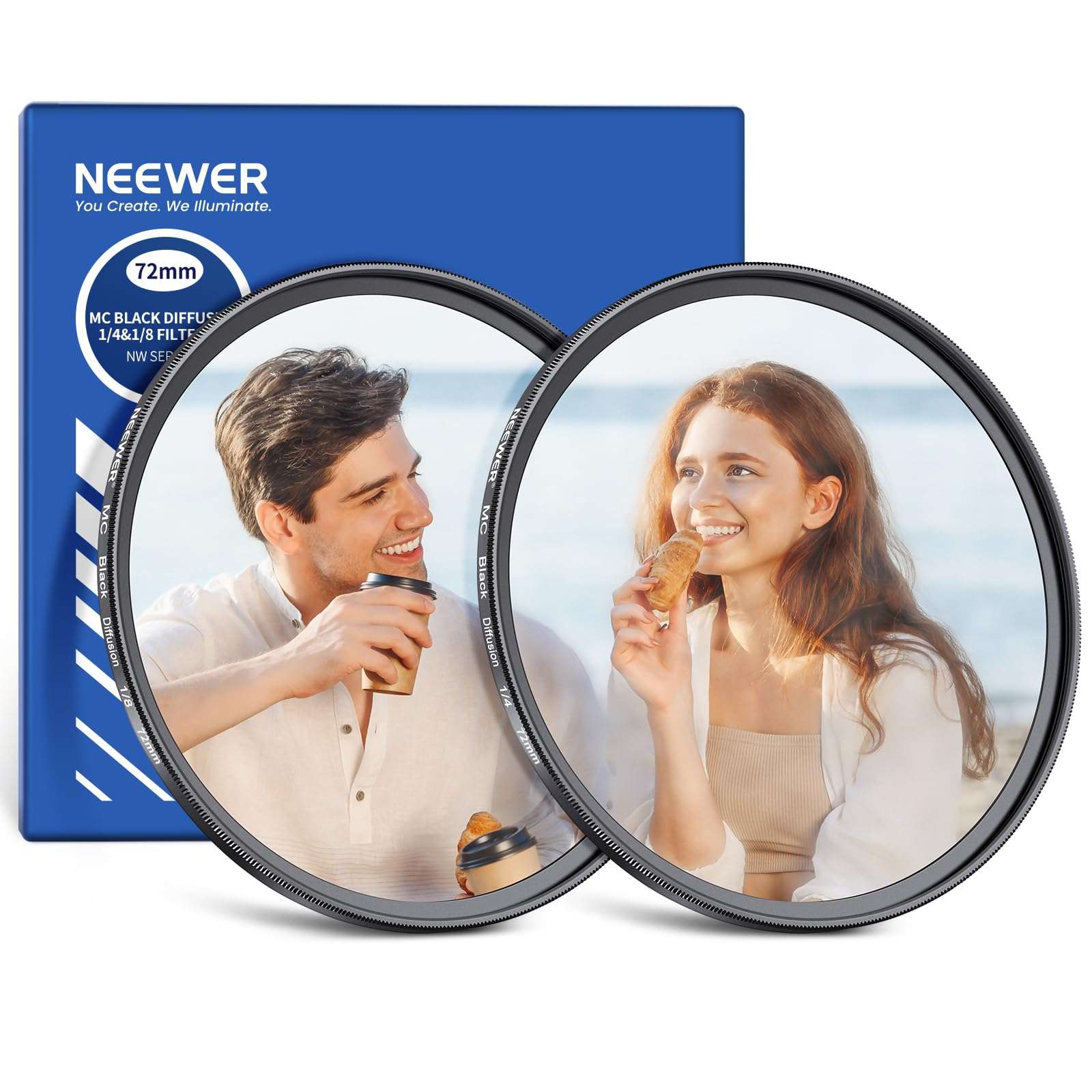 NEEWER 72mm 1/4 & 1/8 Black Diffusion Camera Lens Filter 2 Pack Set, Dreamy Cinematic Effect Filter Multicoated Glass Storage Case Cleaning Cloth, for Portrait Photography Video 1